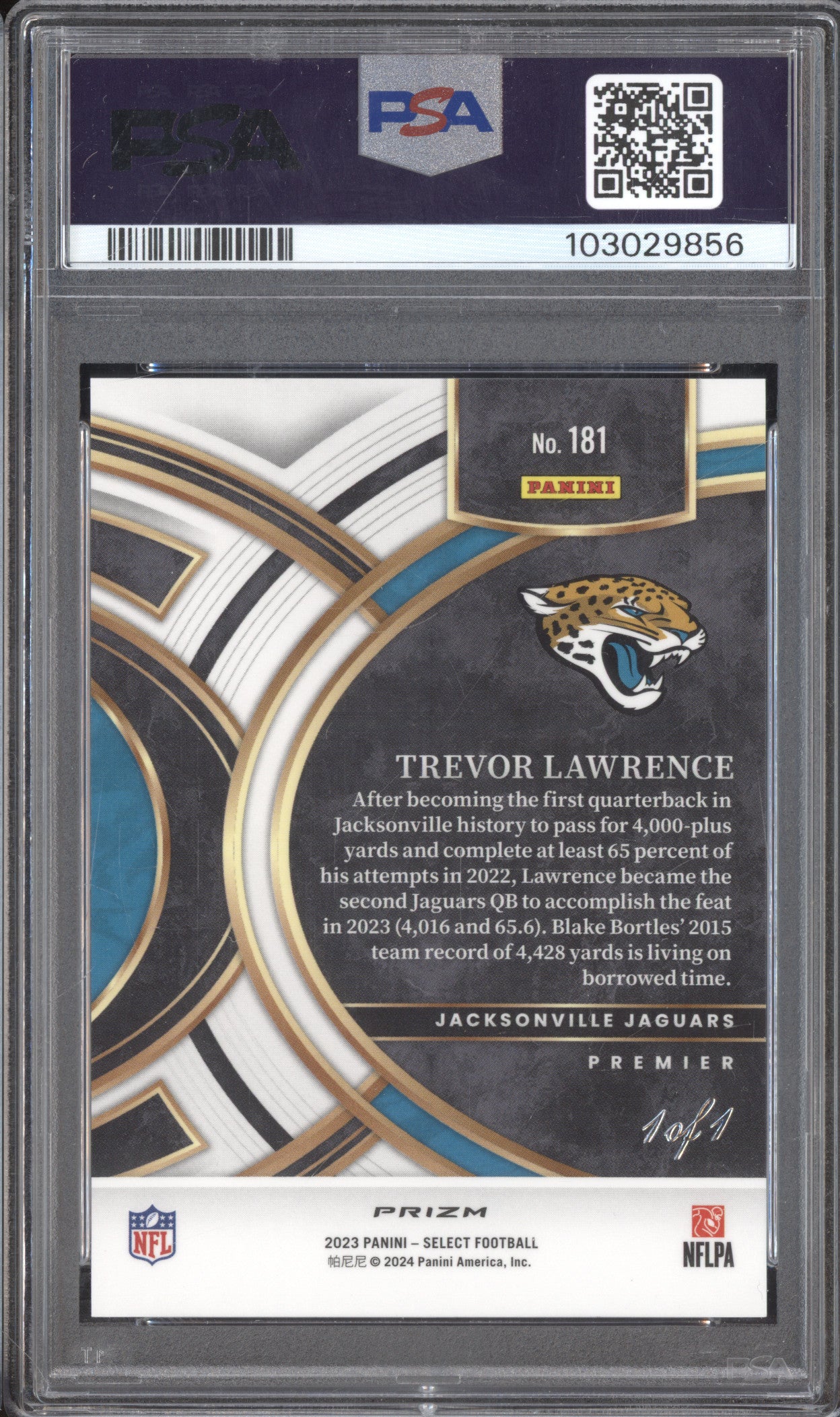 Trevor Lawrence 2023 Panini Select 181 Black Disco Prizm 1/1 PSA 9