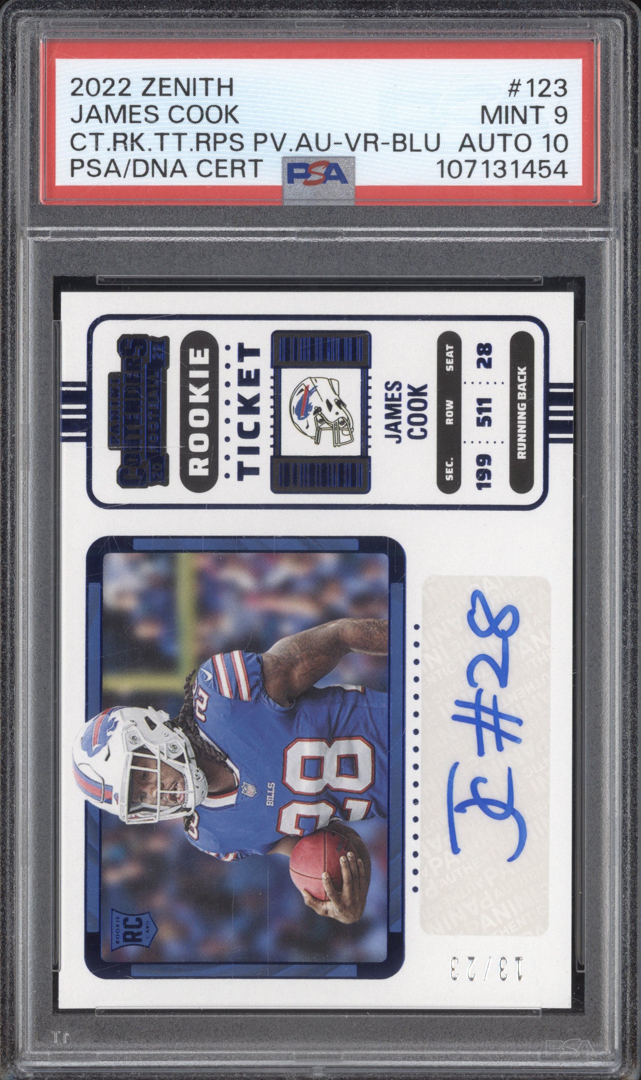 James Cook 2022 Panini Zenith 123 Rookie Ticket Auto Blue RC 13/23 PSA 9/10