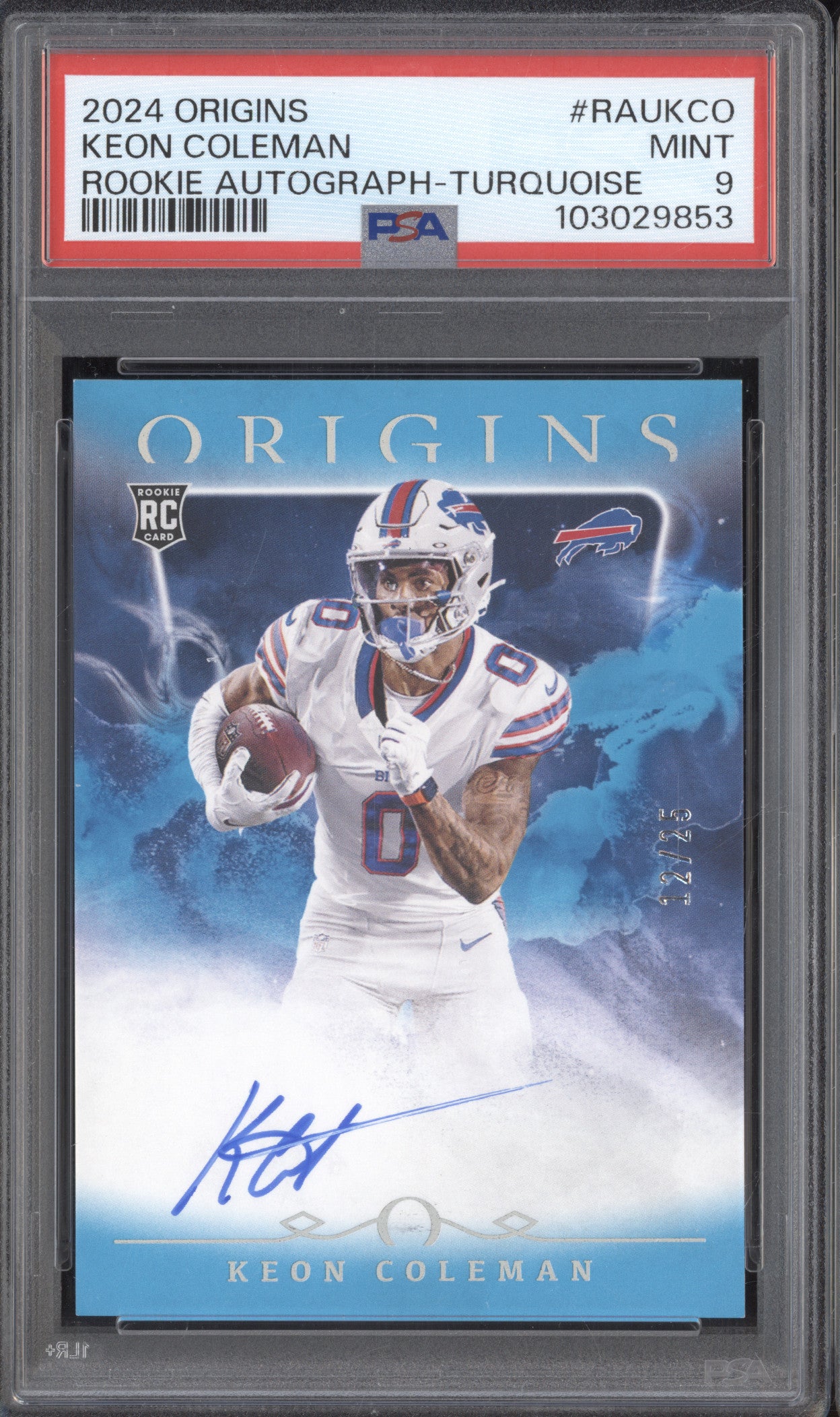 Keon Coleman 2024 Panini Origins RAU-KCO Rookie Auto Turquoise RC 12/25 PSA 9