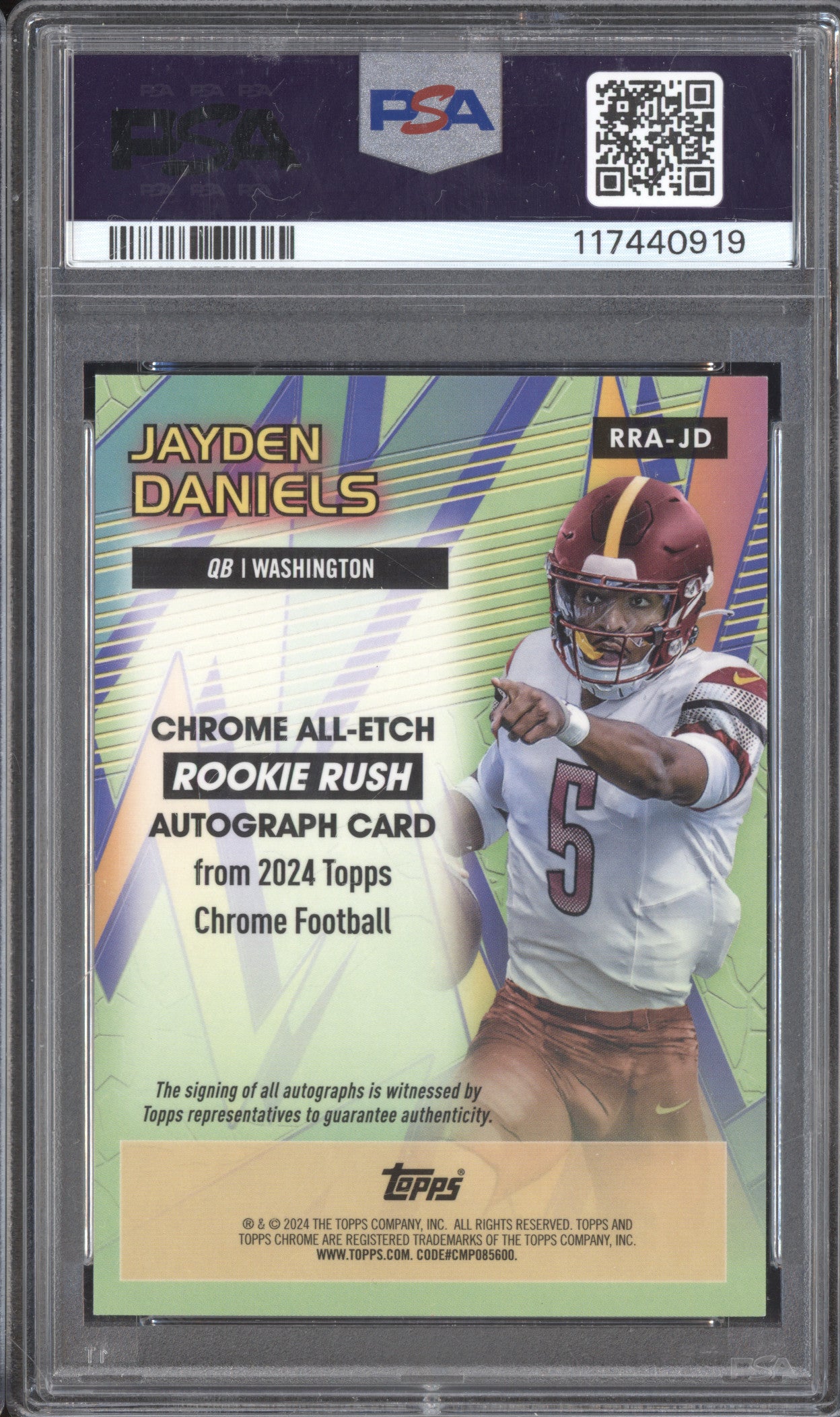Jayden Daniels  Topps Chrome RRA-JD All-Etch Rookie Rush Auto Yellow /75 PSA 9