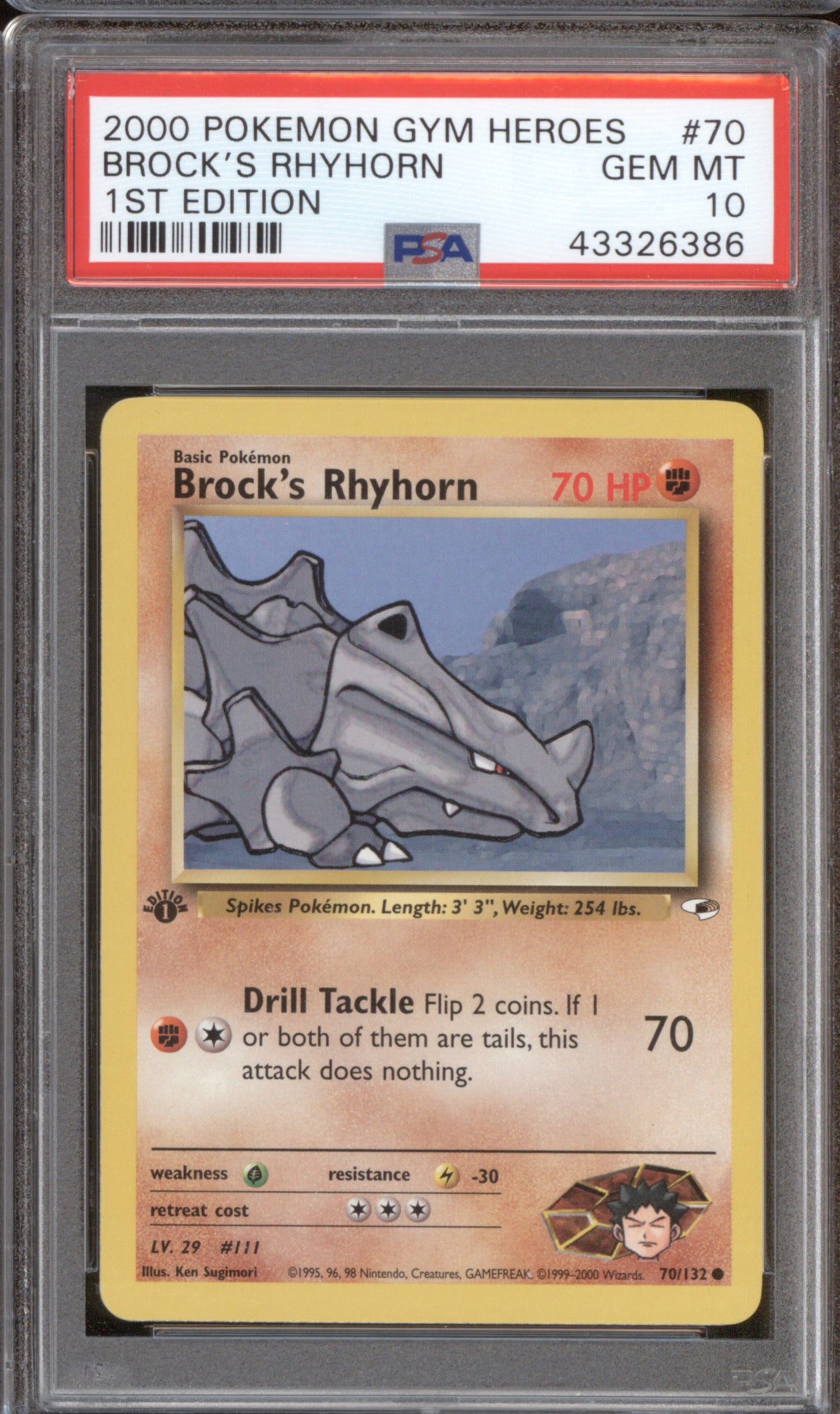 Brock's Rhyhorn 2000 Pokemon Gym Heroes 70/132 1st Edition PSA 10