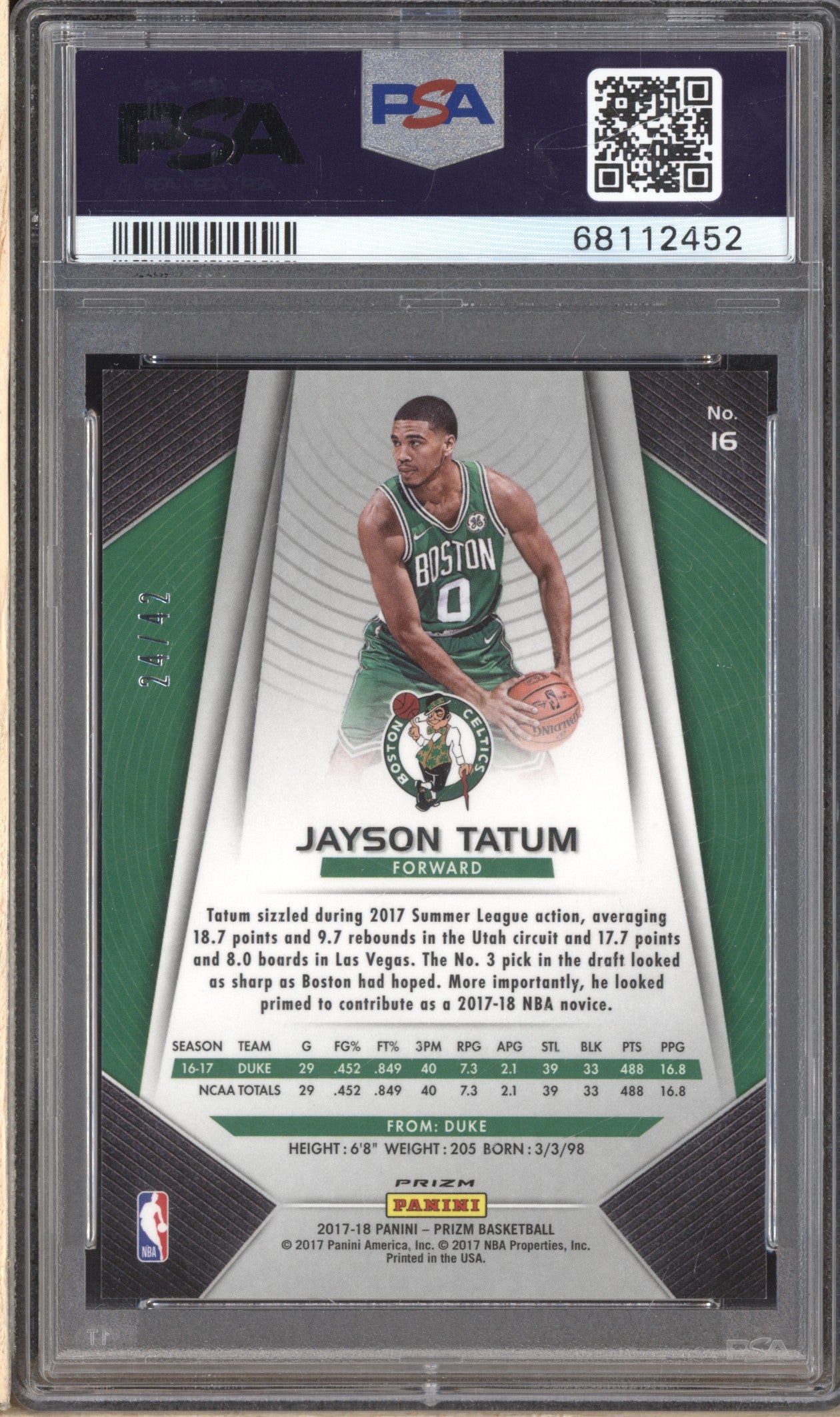 Jayson Tatum 2017-18 Panini Prizm 16 Pink Pulsar RC 24/42 PSA 9