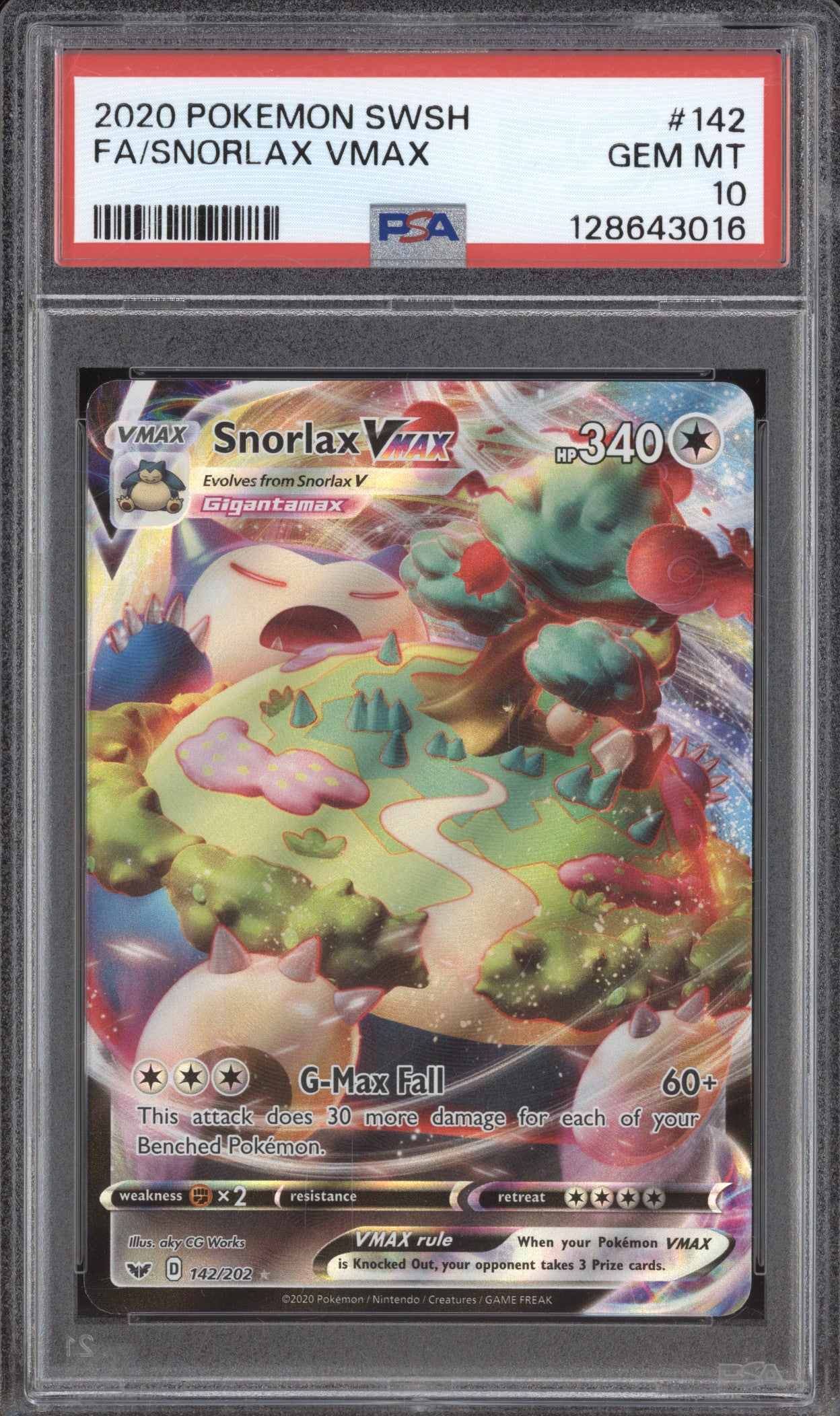 2020 Pokemon Sword & Shield Base Set 142/202 Snorlax VMAX Full Art PSA 10