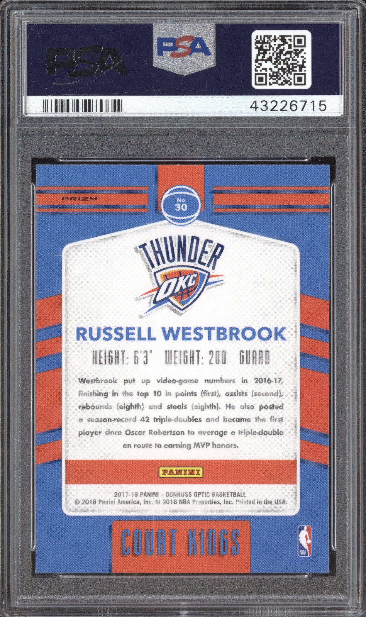 2017 Panini Donruss Optic 30 Russell Westbrook Court Kings Holo PSA 10