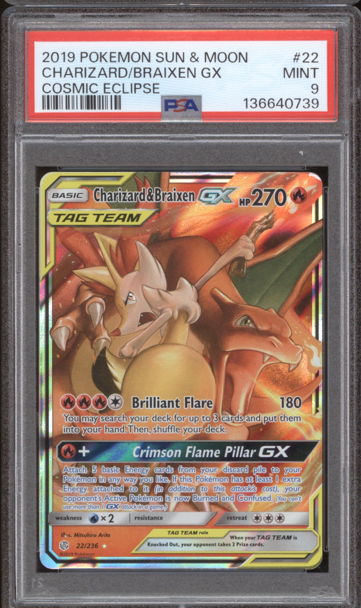 Charizard & Braixen GX 2019 Pokemon Cosmic Eclipse 22/236 Holo PSA 9