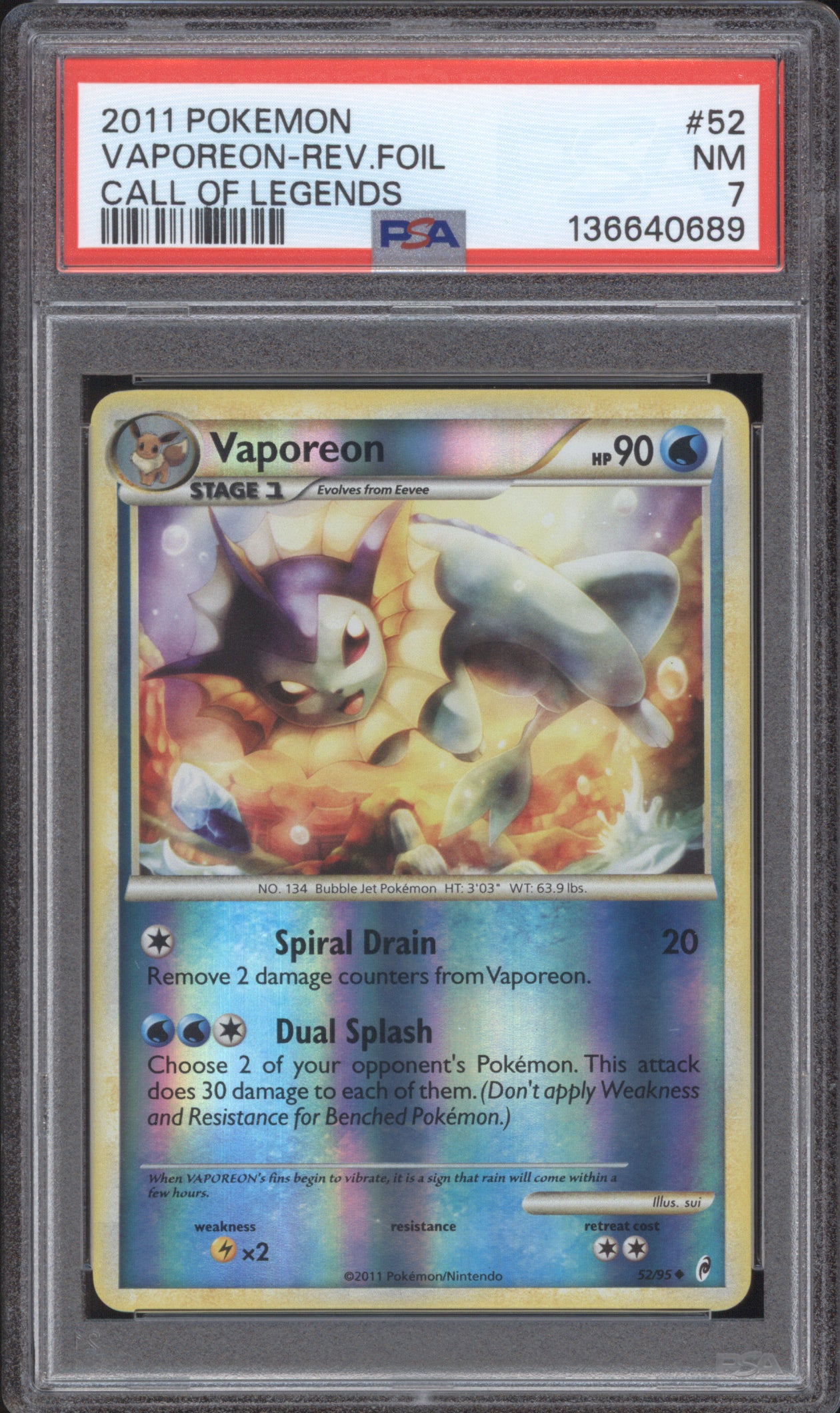 Vaporeon 2011 Pokemon Call of Legends 52/95 Reverse Foil PSA 7