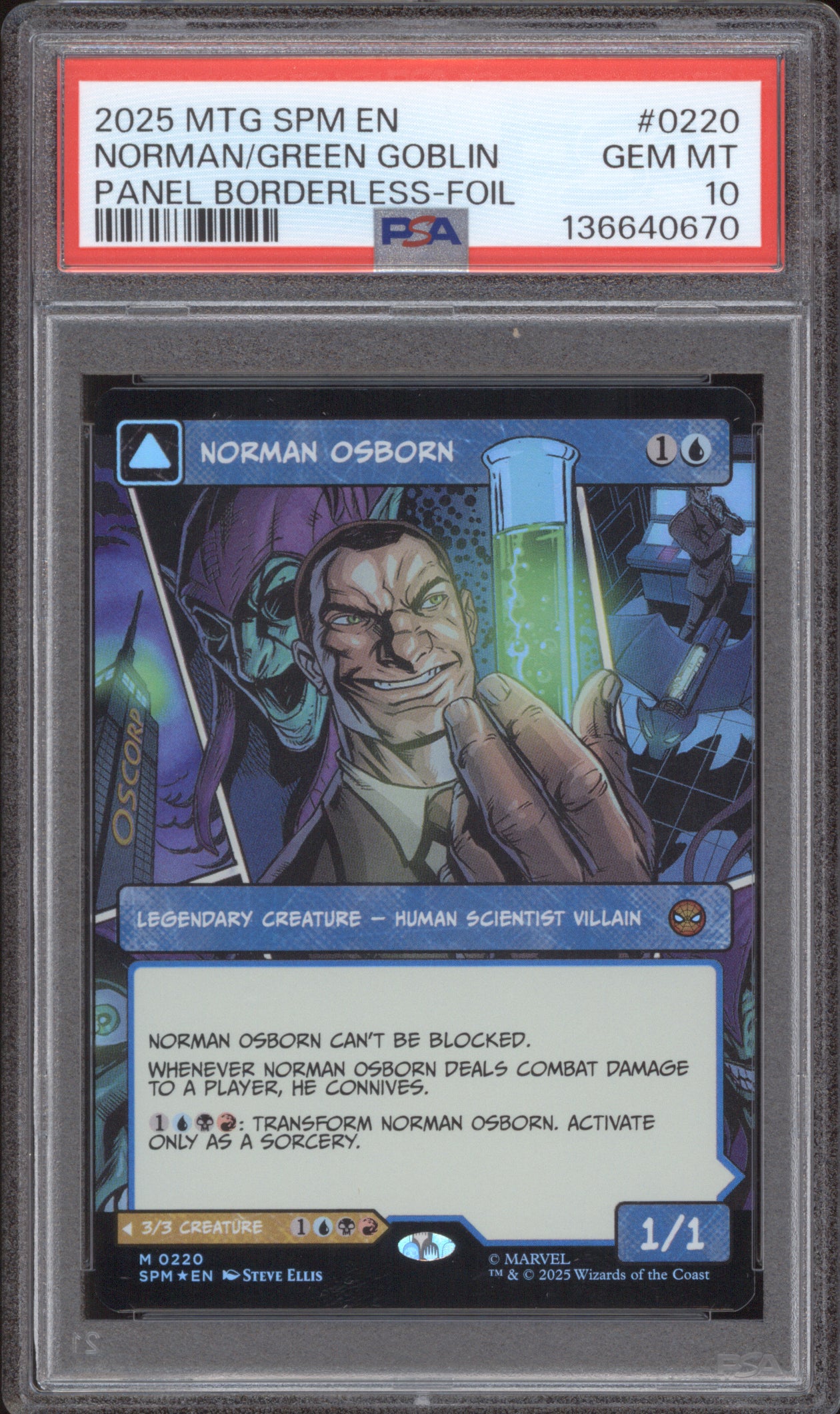2025 MTG Marvel Spider-Man 0220 Norman Osborn/Goblin Borderless-Foil PSA 10