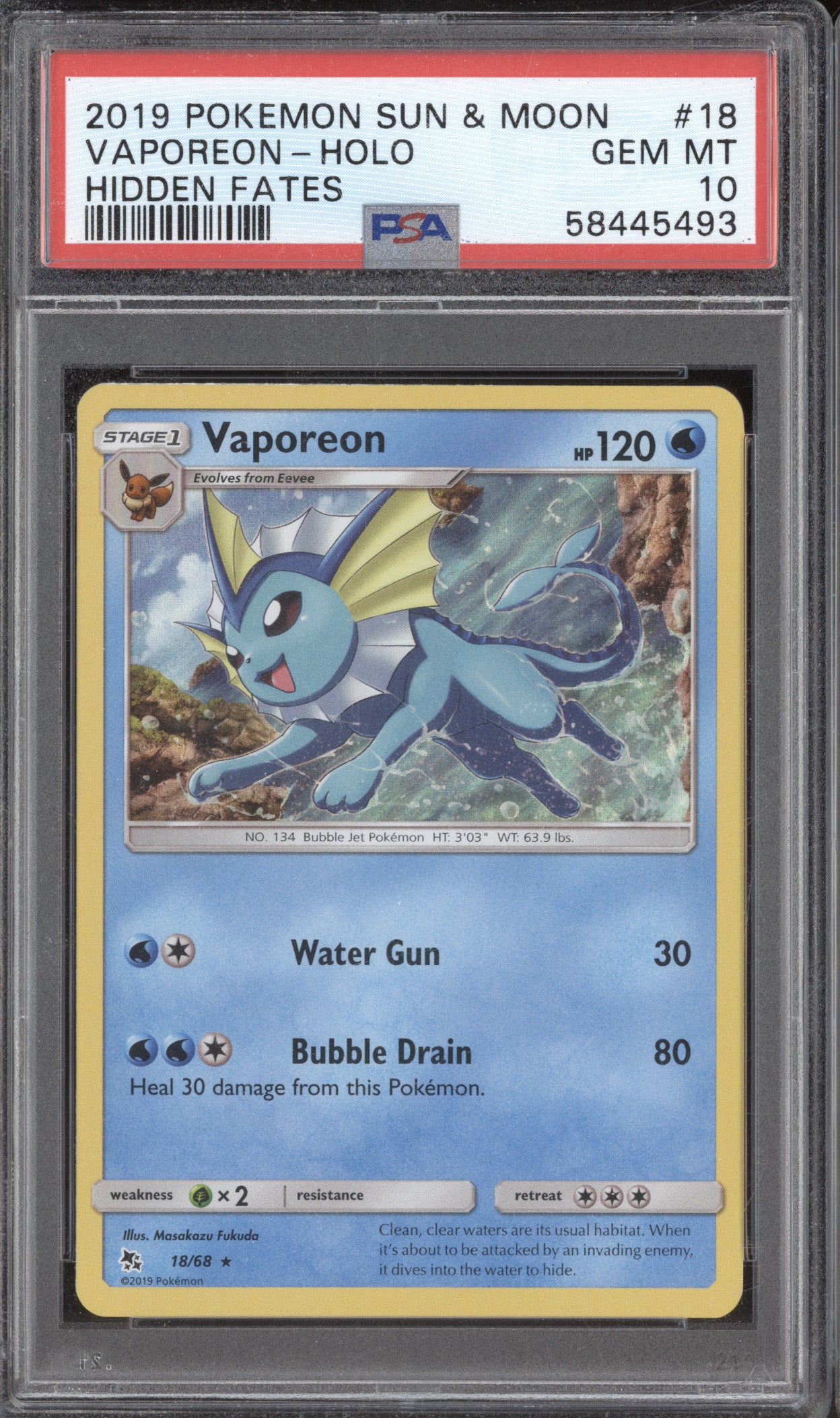 2019 Pokemon Hidden Fates 18/68 Vaporeon Holo PSA 10