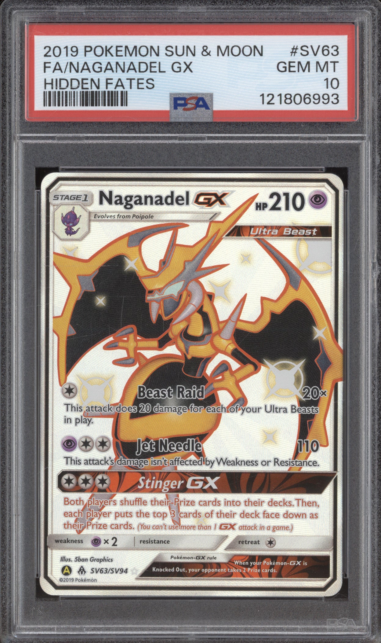 2019 Pokemon Hidden Fates SV63 Naganadel GX Shiny Vault PSA 10