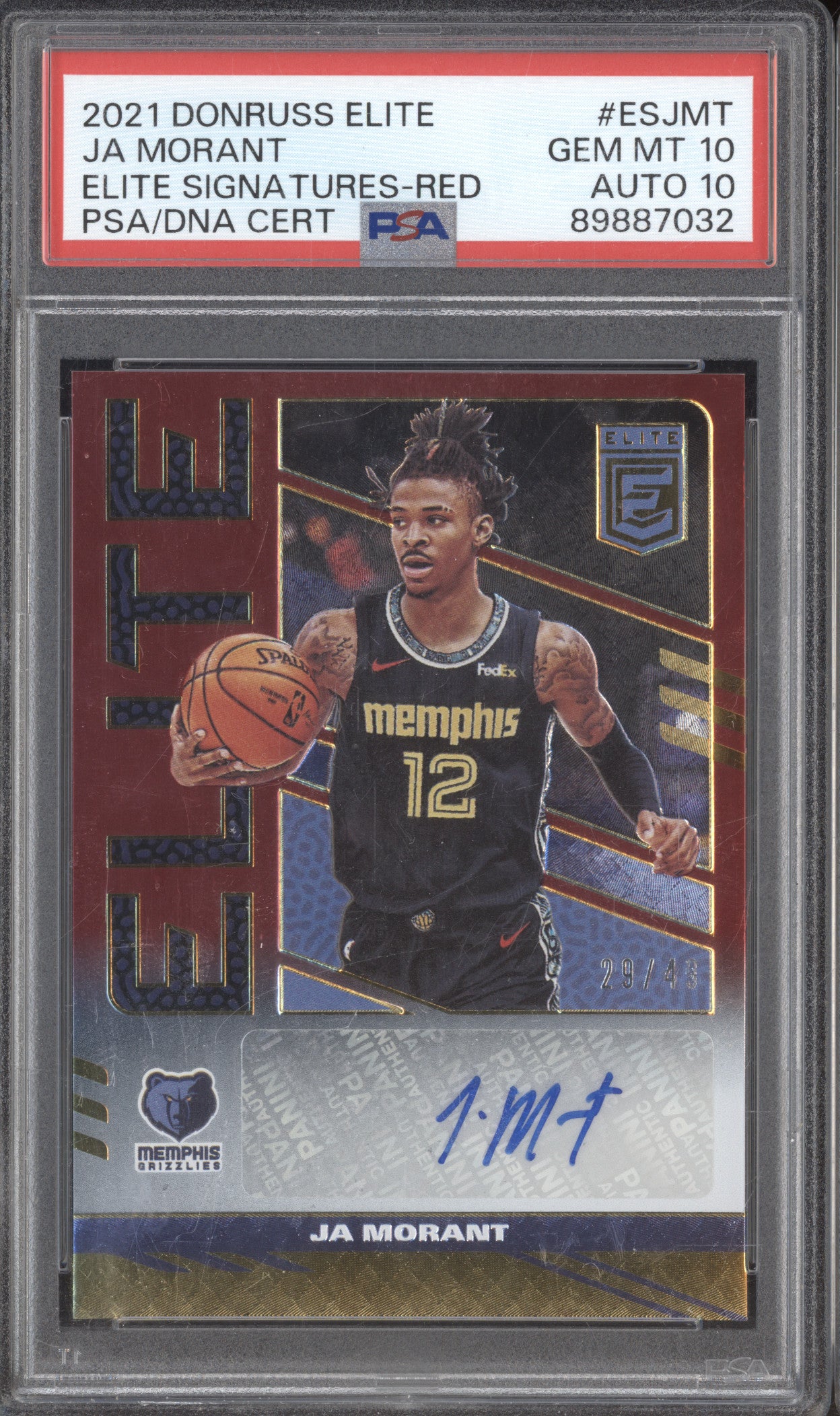 Ja Morant 2021 Donruss Elite Signatures Red ESJMT /49 PSA 10