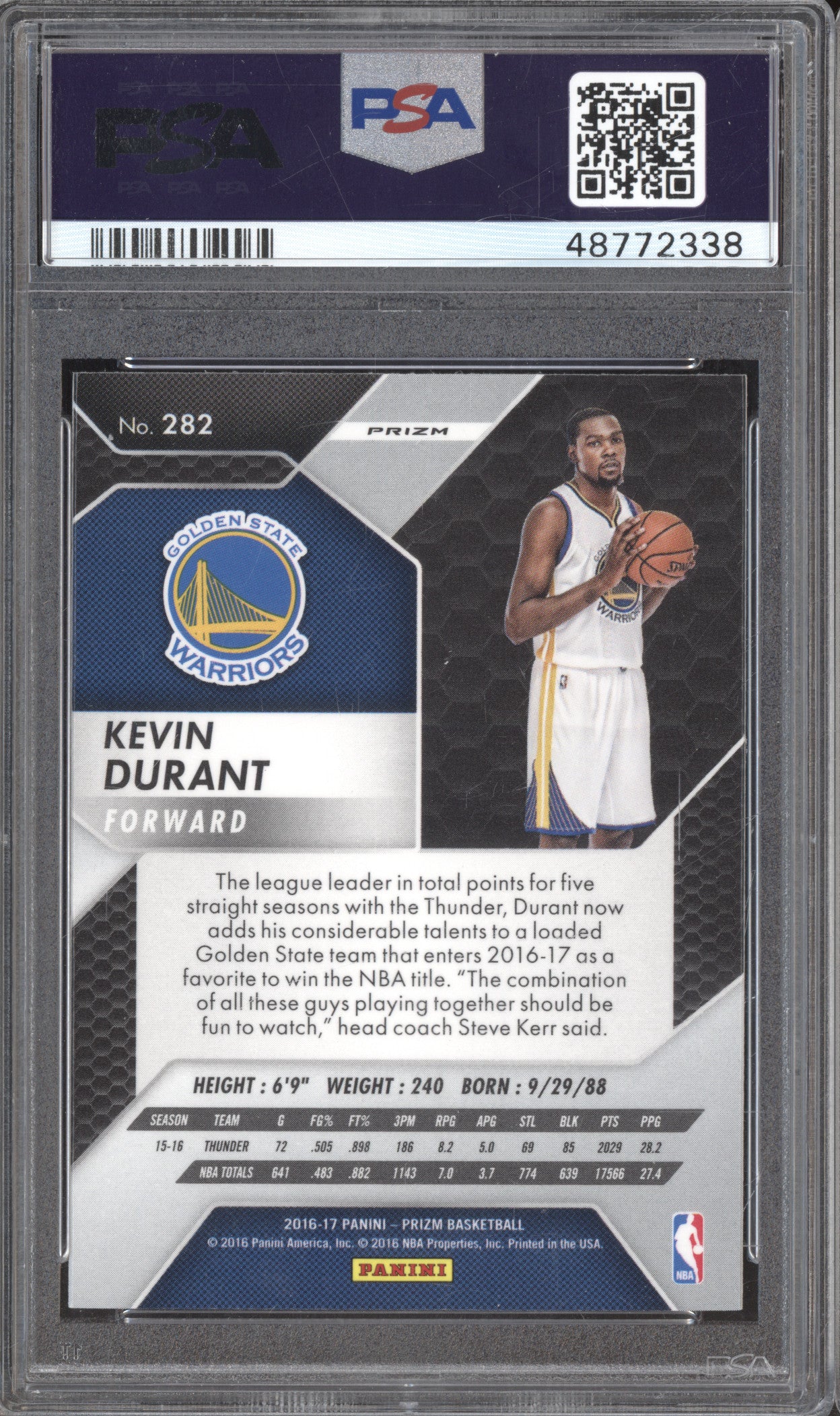 2016 Panini Prizm 282 Kevin Durant Starburst Prizm PSA 9