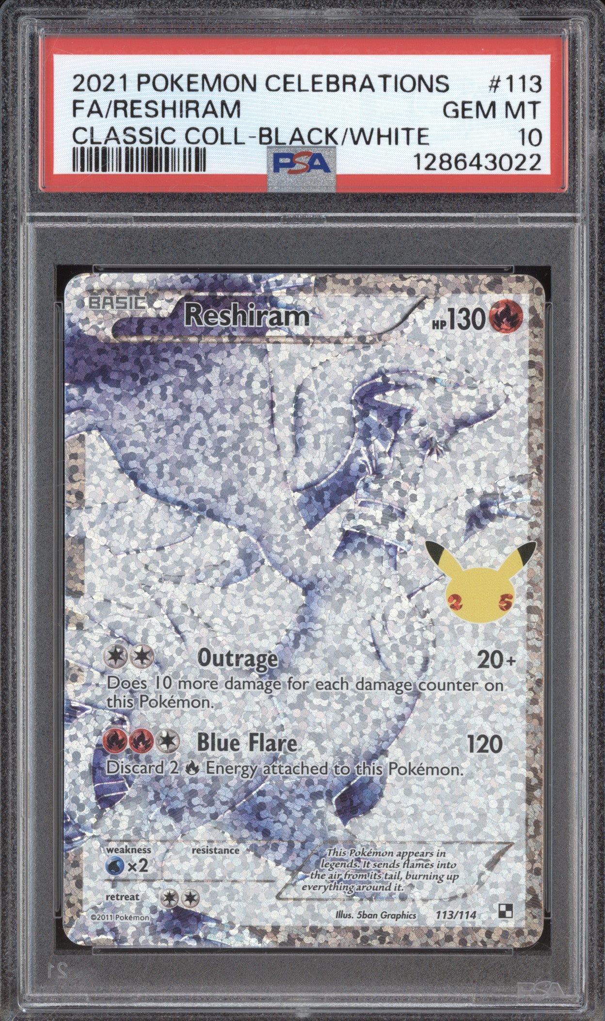 2021 Pokemon Celebrations 113/114 Reshiram Classic Collection Black/White PSA 10