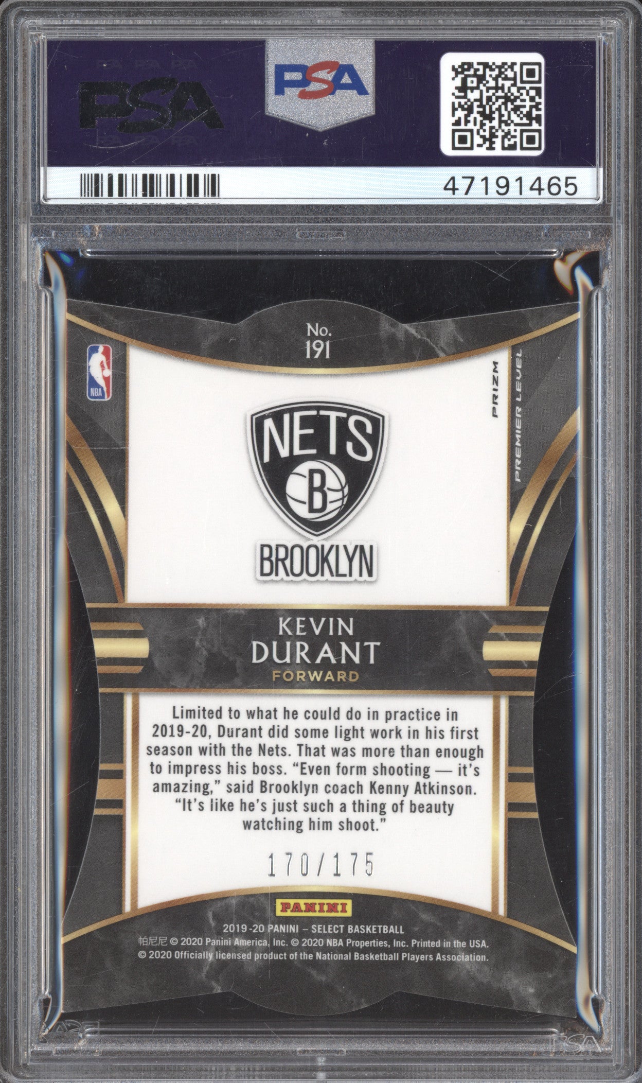 2019 Panini Select 191 Kevin Durant Die-Cut Maroon Prizm PSA 9
