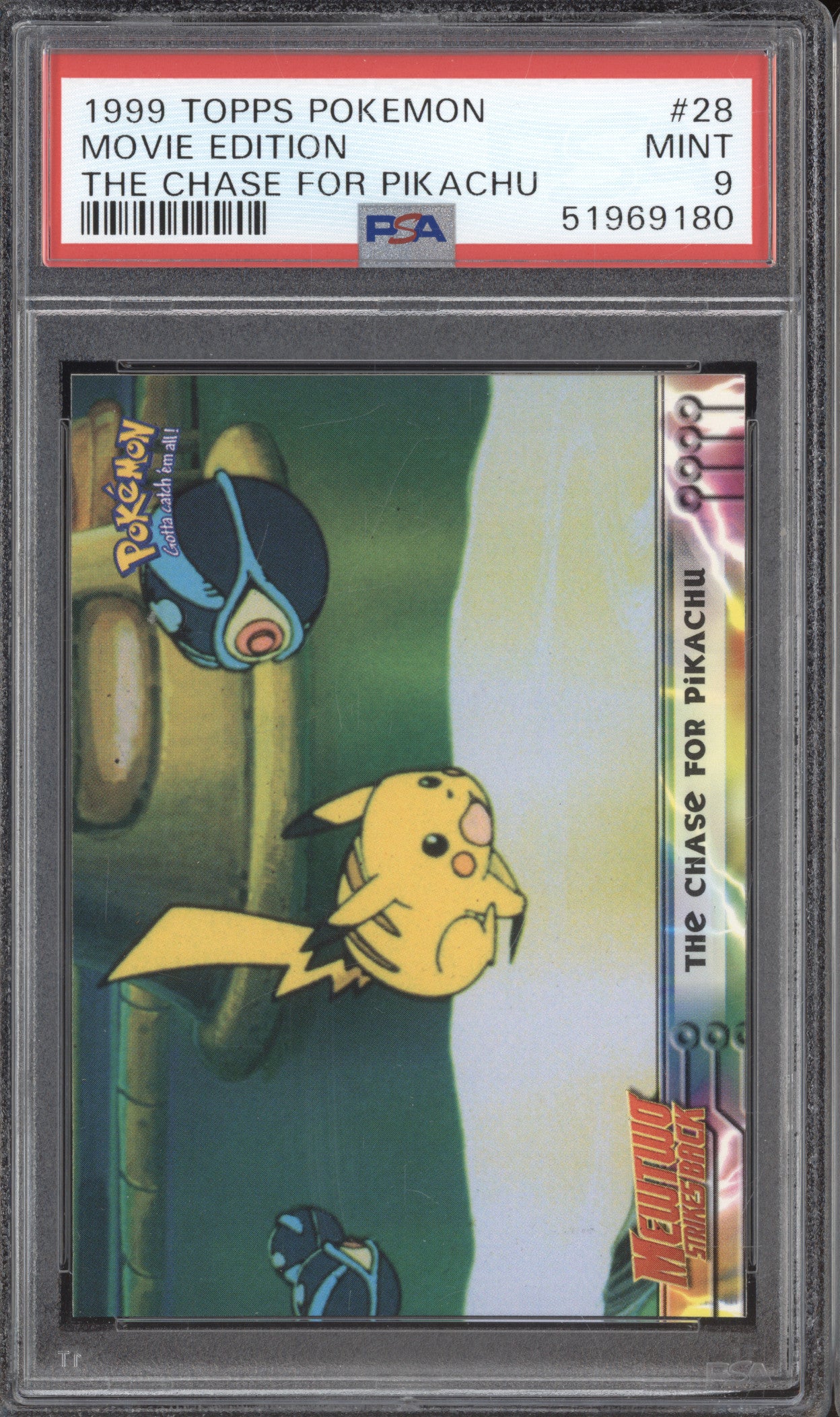 1999 Pokemon Topps Mewtwo Strikes Back 28 The Chase For Pikachu PSA 9