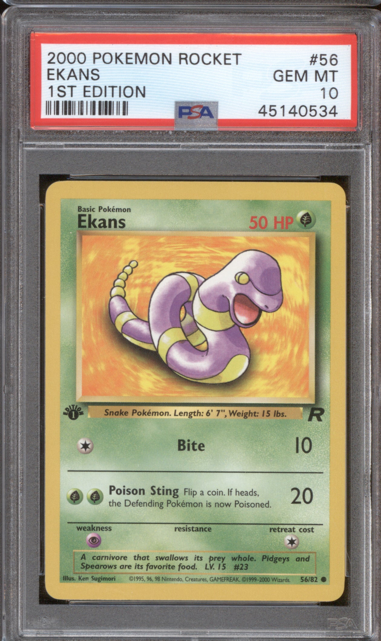 Ekans 2000 Pokemon Team Rocket 56/82 1st Edition PSA 10