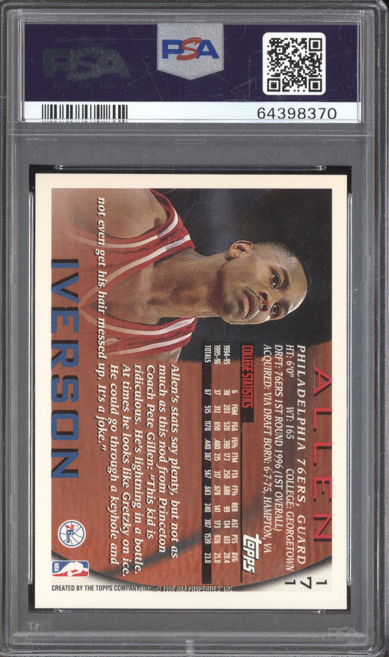 Allen Iverson 1996 Topps Basketball 171 RC PSA 10