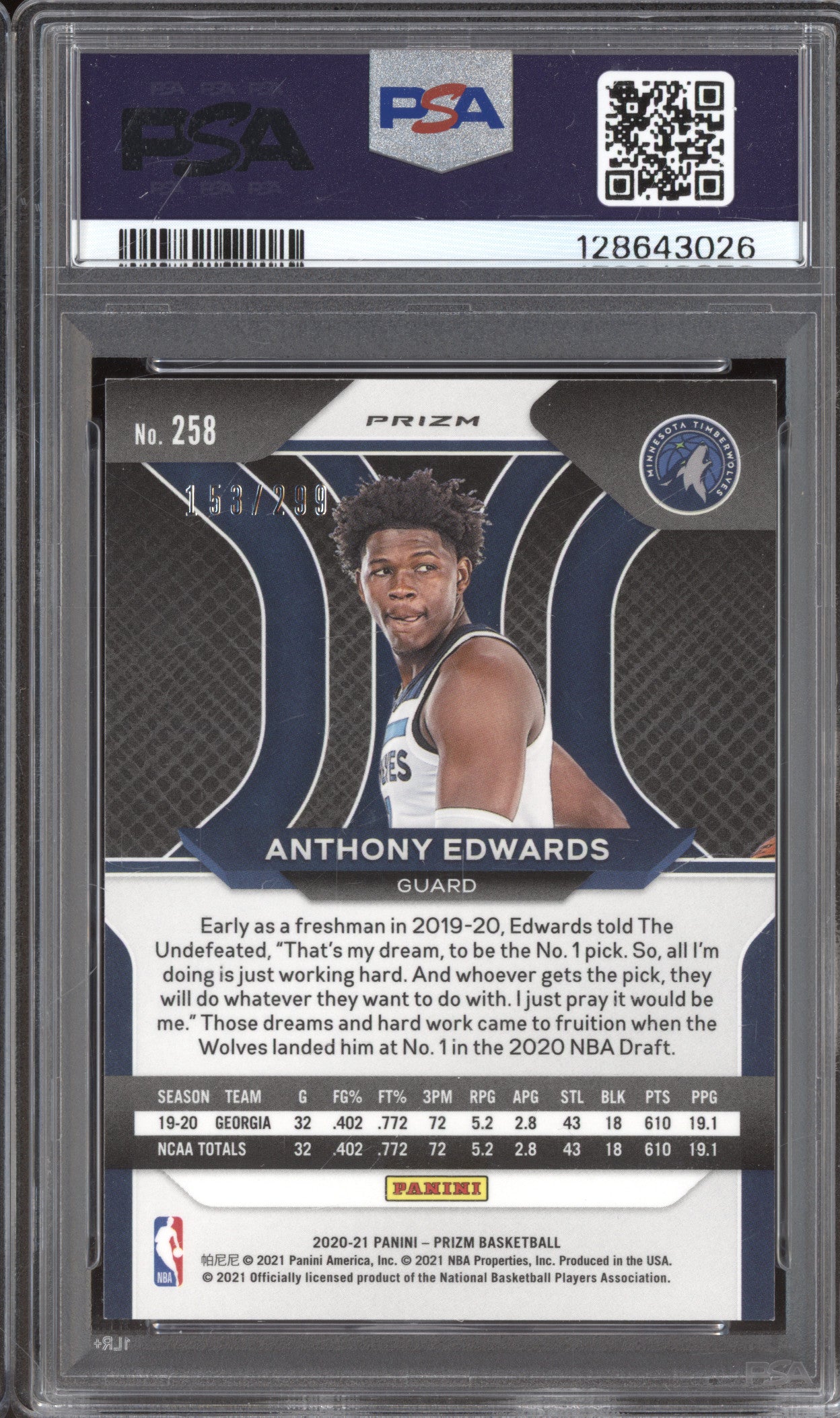 2020 Panini Prizm 258 Anthony Edwards Red Prizm RC /299 PSA 9