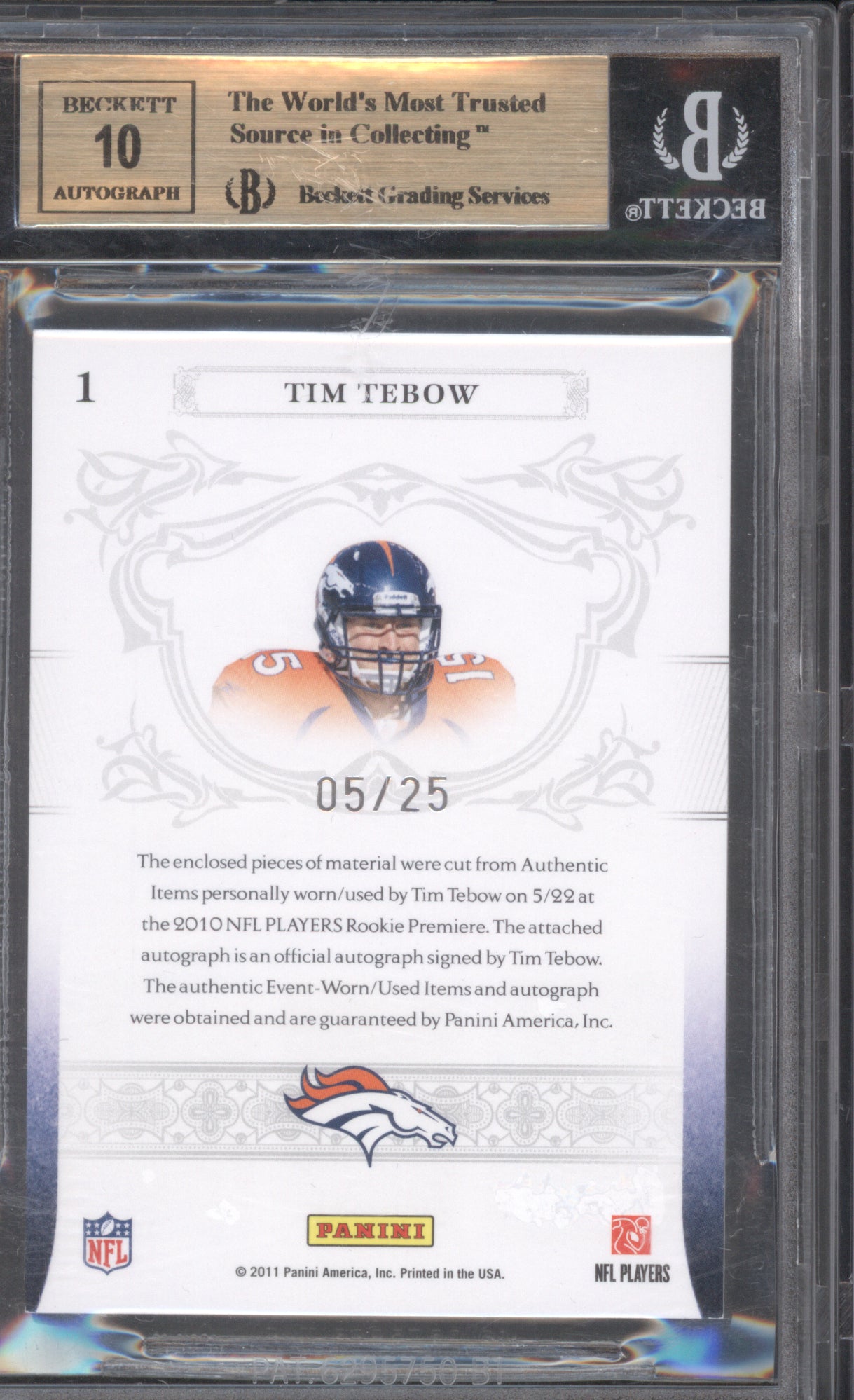 Tim Tebow 2010 Panini National Treasures 1 NFL Gear Prime Signatures /25 BGS 9.5