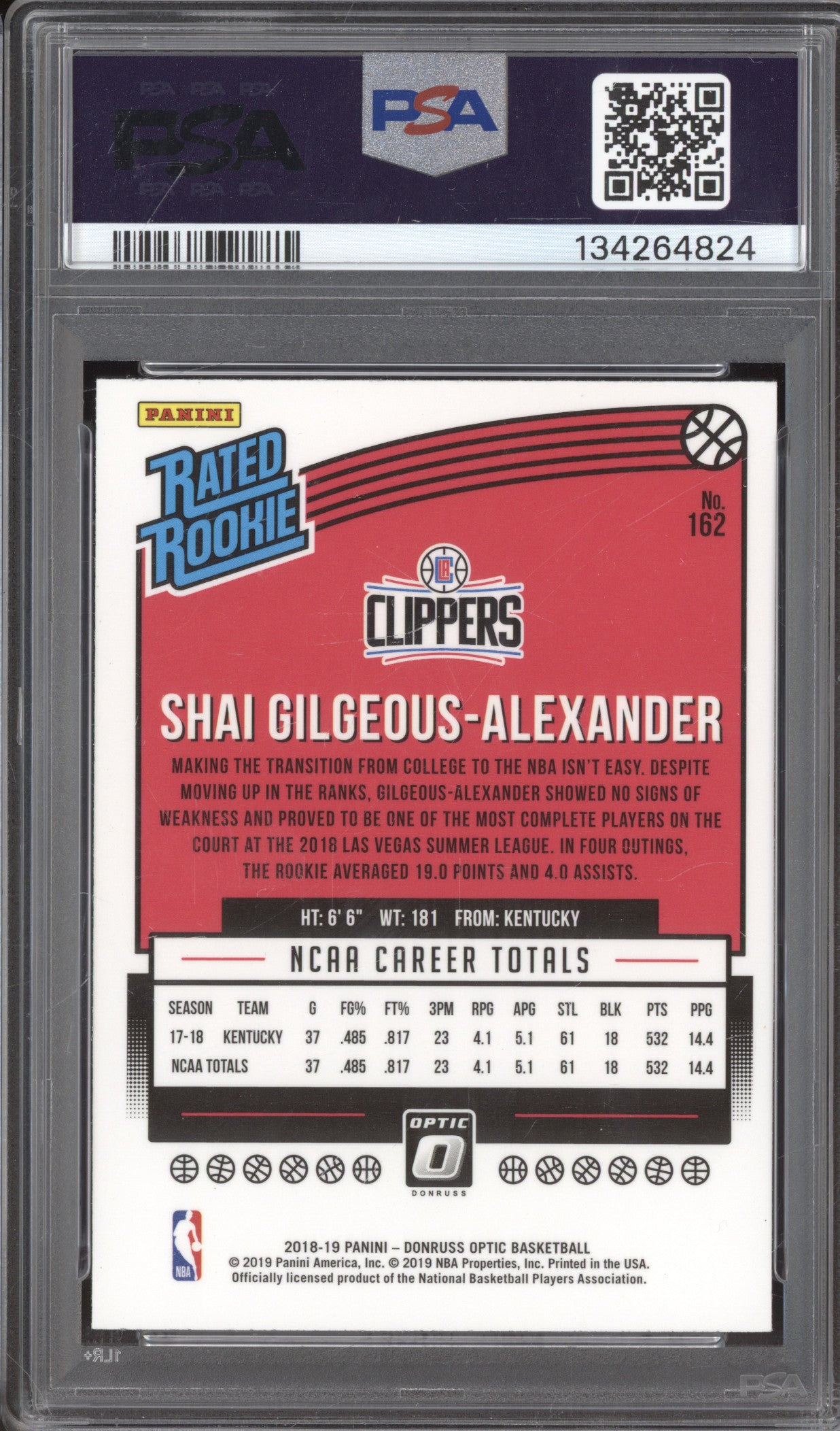 Shai Gilgeous-Alexander 2018 Panini Donruss Optic Rated Rookie 162 RC PSA 8