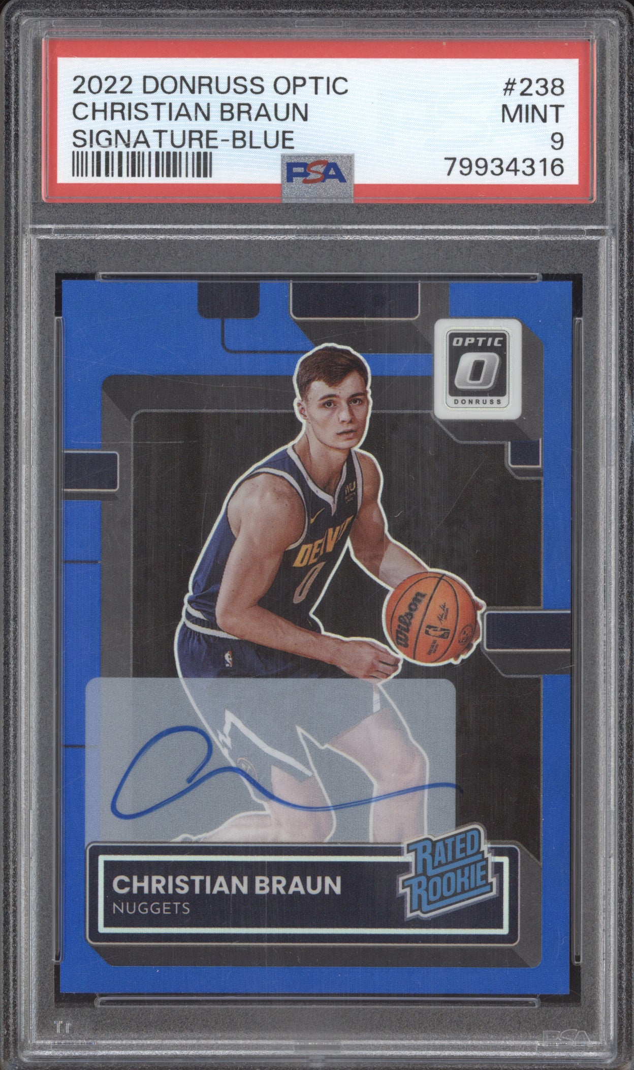 2022 Donruss Optic 238 Christian Braun Signature-Blue RC PSA 9