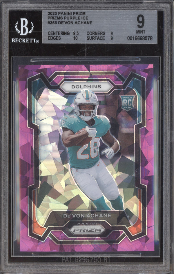 De'von Achane 2023 Panini Prizm 365 Purple Ice RC 187/225 BGS 9