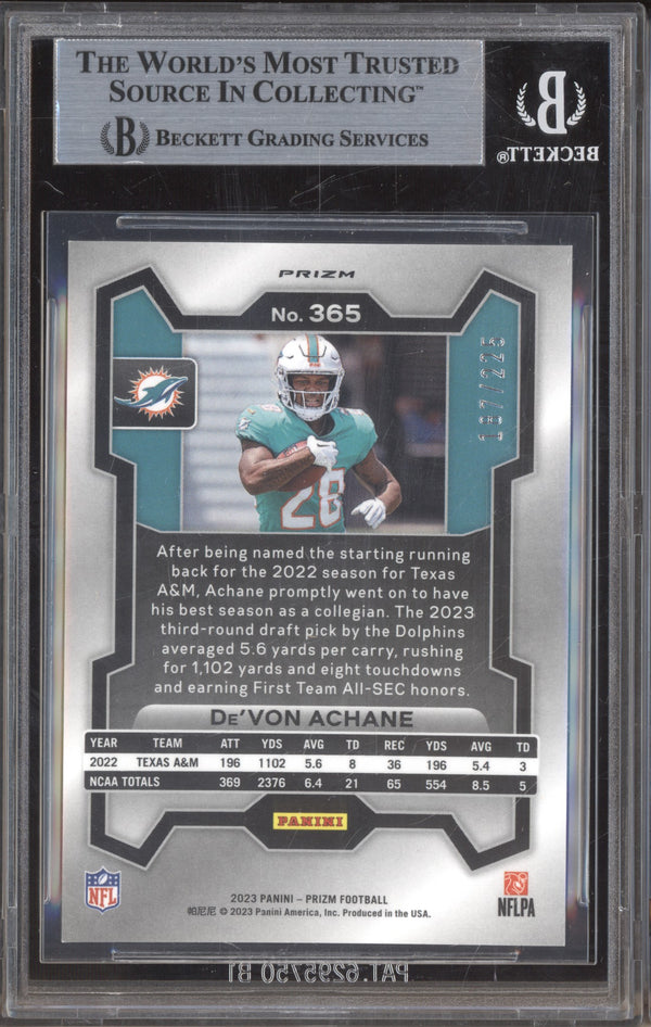 De'von Achane 2023 Panini Prizm 365 Purple Ice RC 187/225 BGS 9