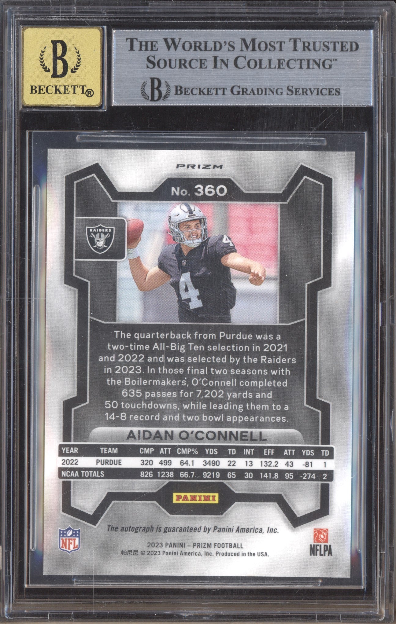 Aidan O'Connell 2023 Panini Prizm 360 Silver Autograph RC BGS 9/10