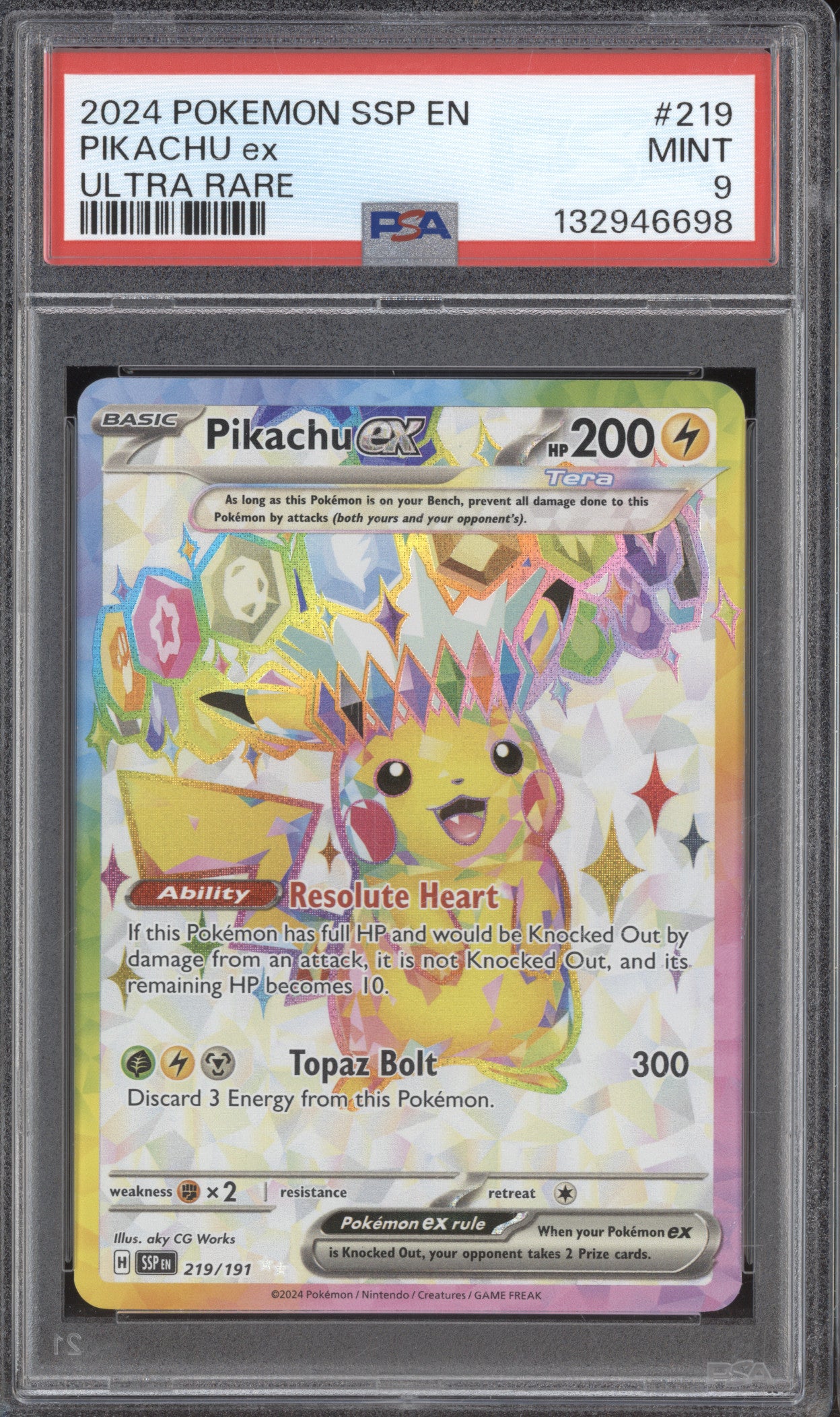 Pikachu ex 2024 Pokemon Surging Sparks SSP 219/191 Ultra Rare PSA 9
