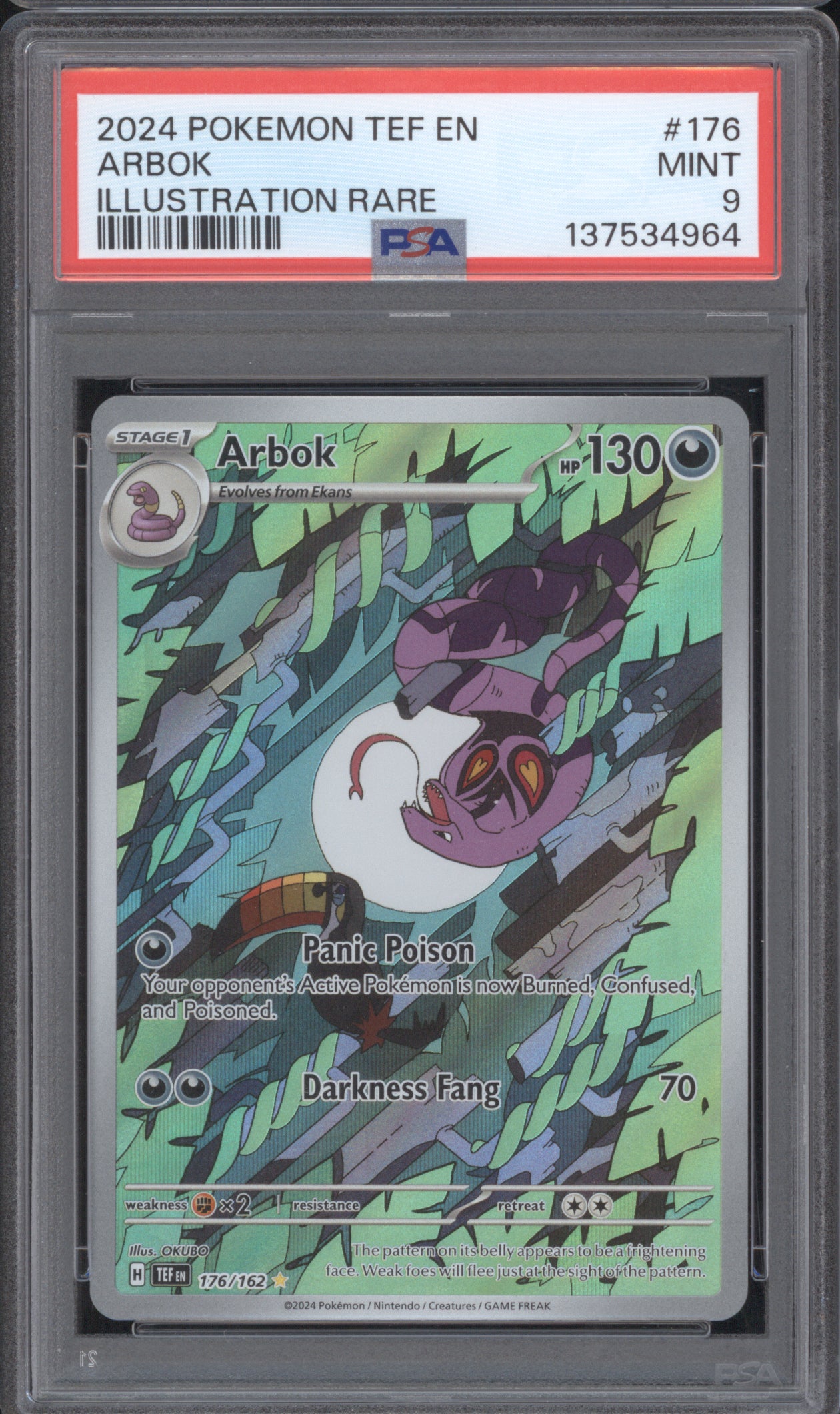 Arbok 2024 Pokemon Temporal Forces TEF 176/162 Illustration Rare PSA 9
