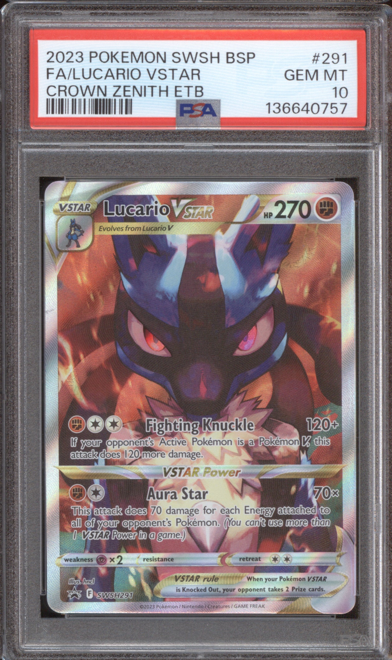 Lucario V Star 2023 Pokemon Crown Zenith SWSH291 ETB Promo PSA 10