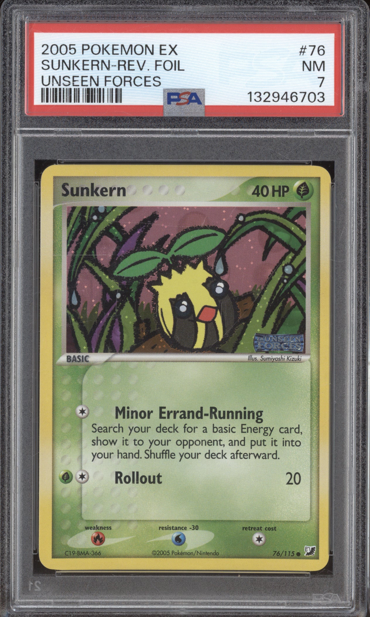 Sunkern 2005 Pokemon Unseen Forces 76/115 Reverse Holo PSA 7