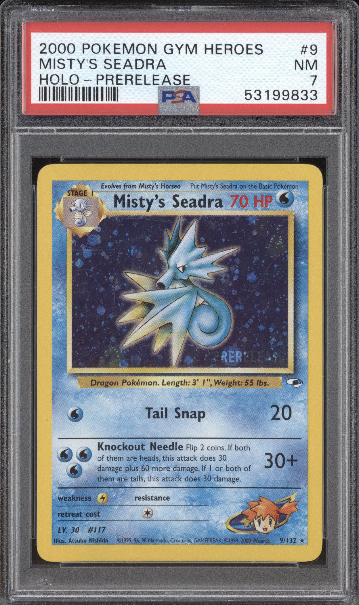 2000 Pokemon Gym Heroes 9/132 Misty's Seadra Holo-Prerelease PSA 7