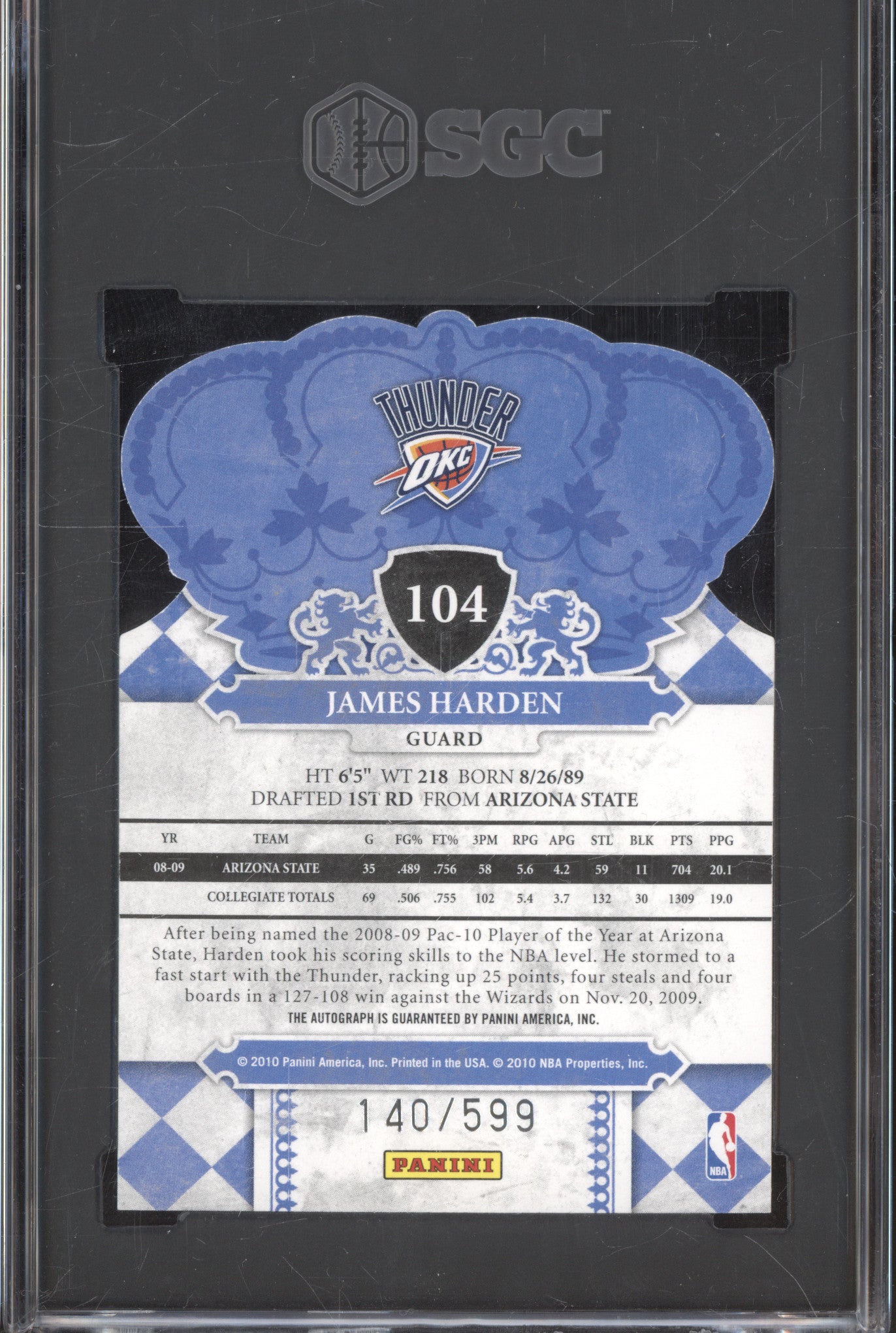 James Harden 2009 Panini Crown Royale 104 Die-Cut RC SGC 10 Auto 9