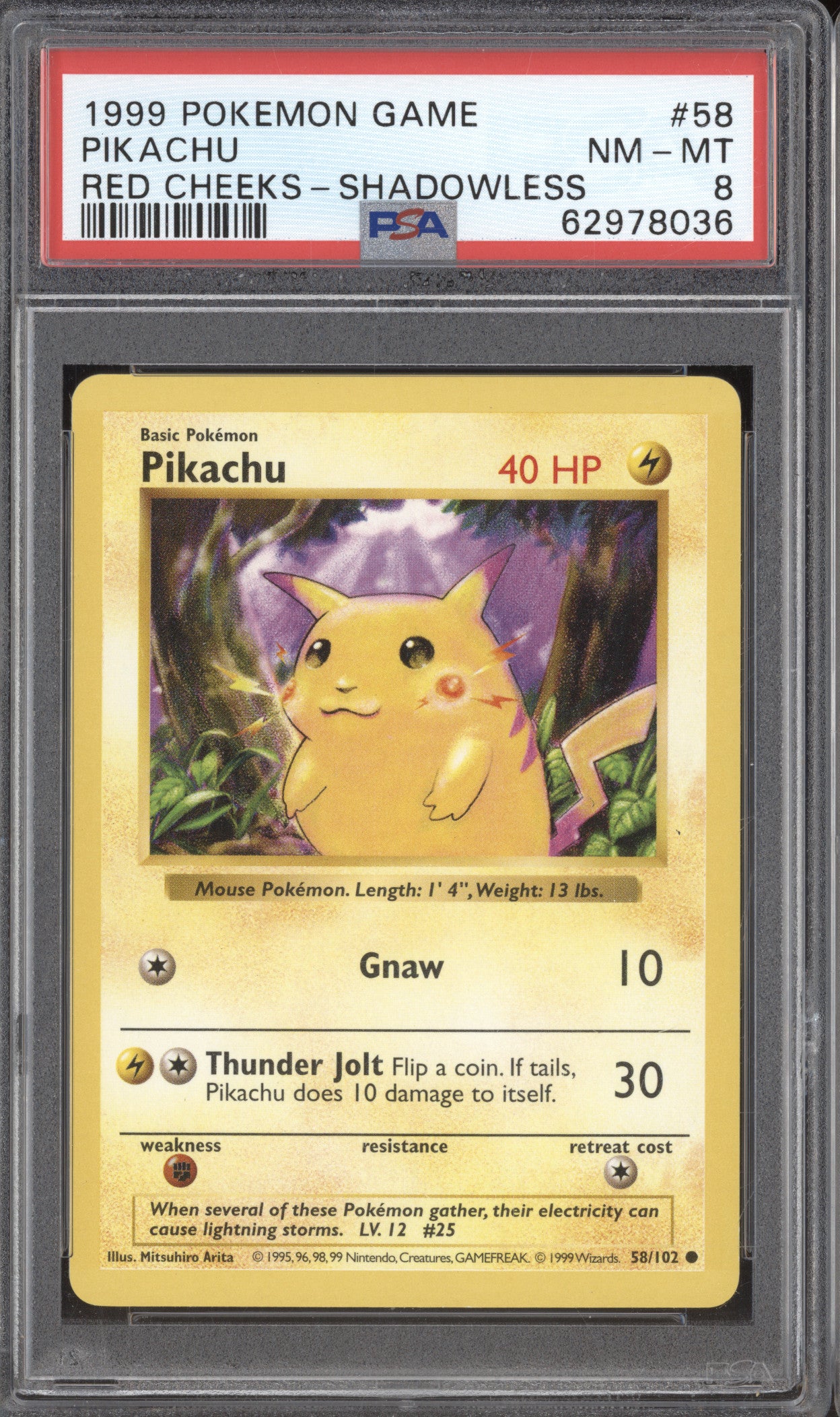 1999 Pokemon Base Set 58 Pikachu Red Cheeks Shadowless PSA 8