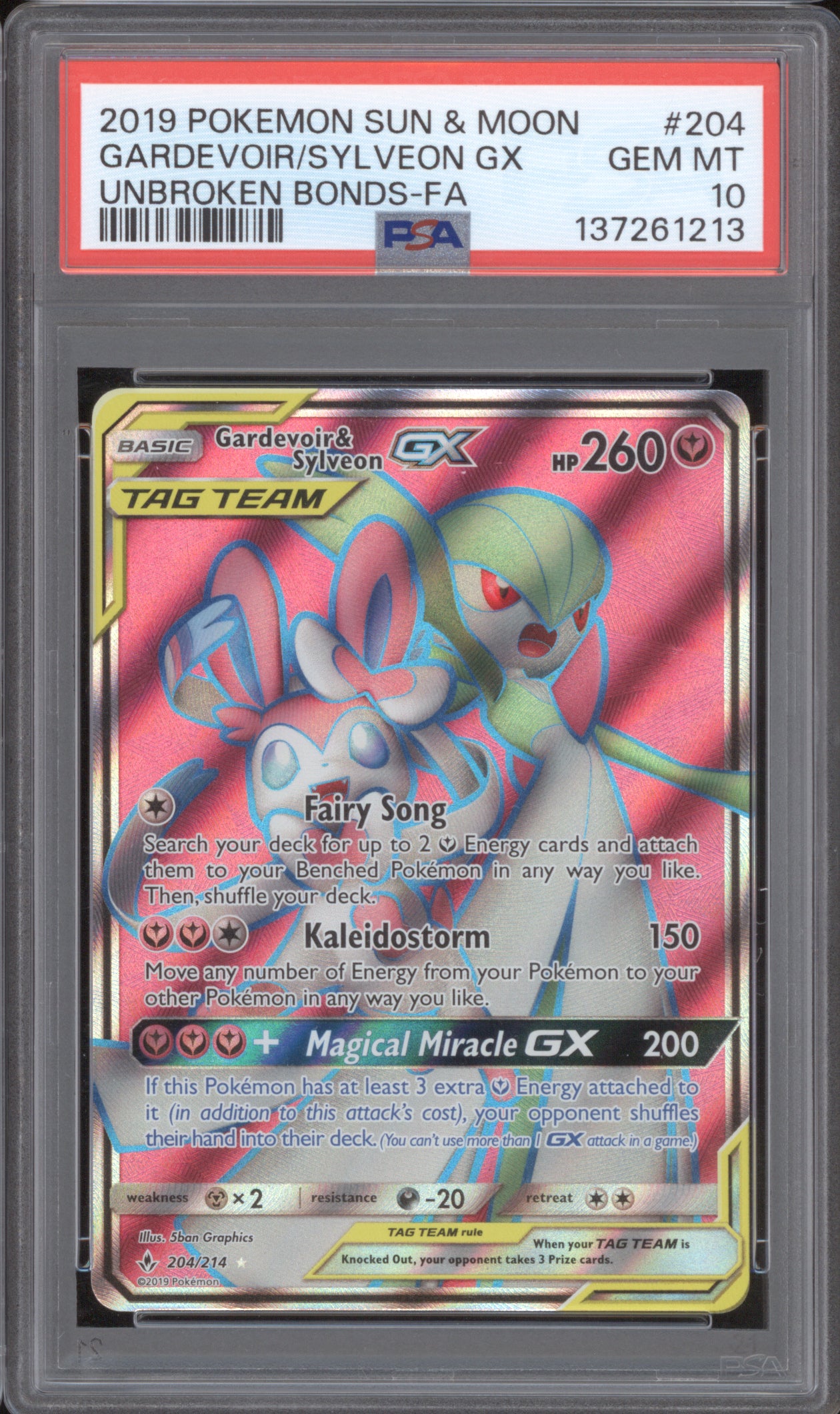 Gardevoir & Sylveon GX 2019 Pokemon Unbroken Bonds 204/214 Full Art PSA 10