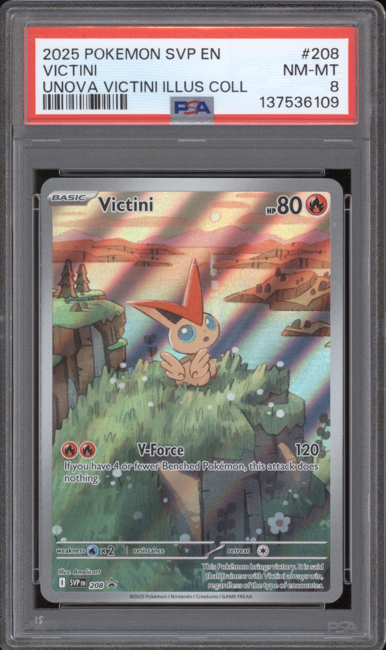 Victini 2025 Pokemon Scarlet & Violet Promo SVP 208 Black Star Promo PSA 8