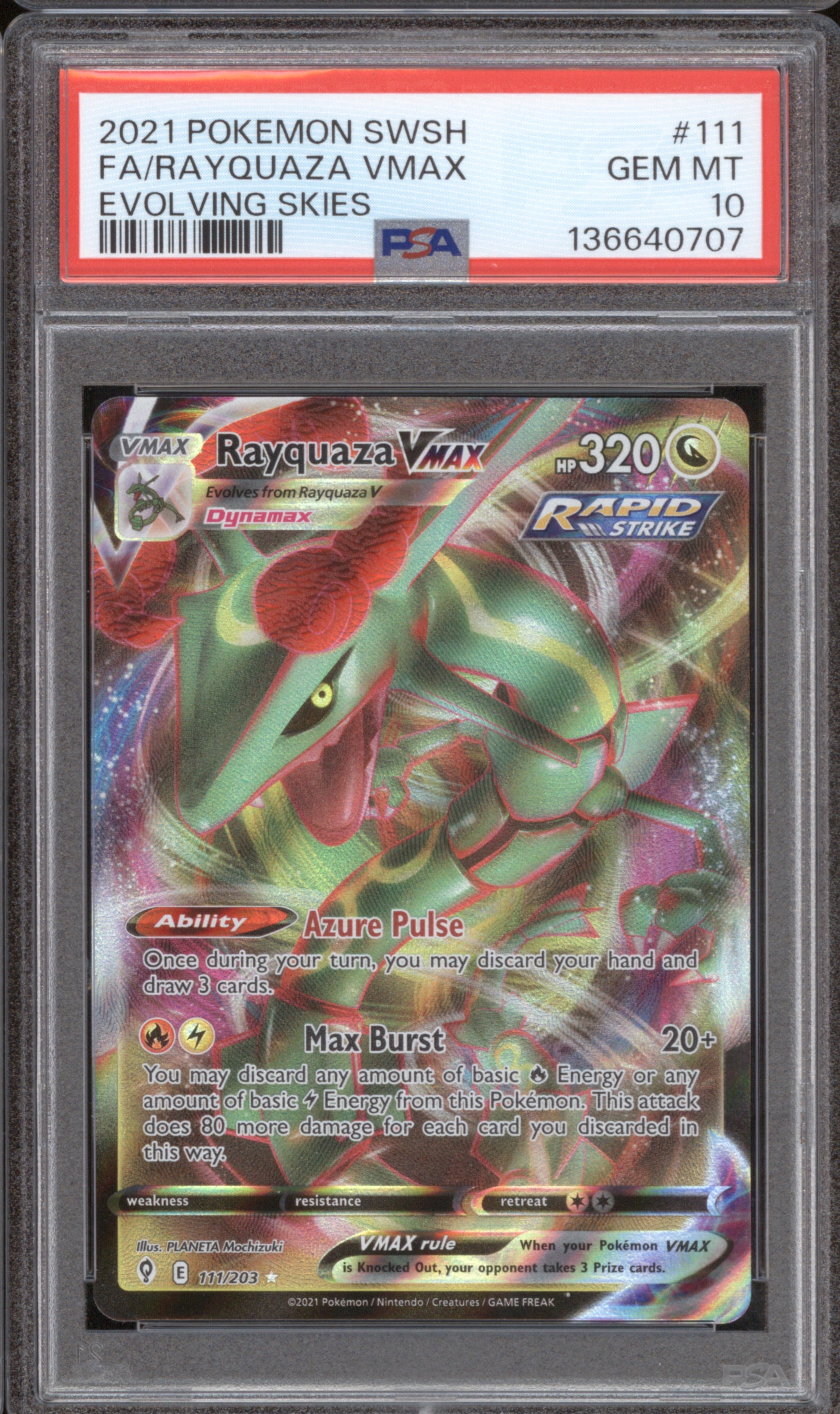 Rayquaza VMAX 2021 Pokemon Evolving Skies 111/203 Full Art PSA 10