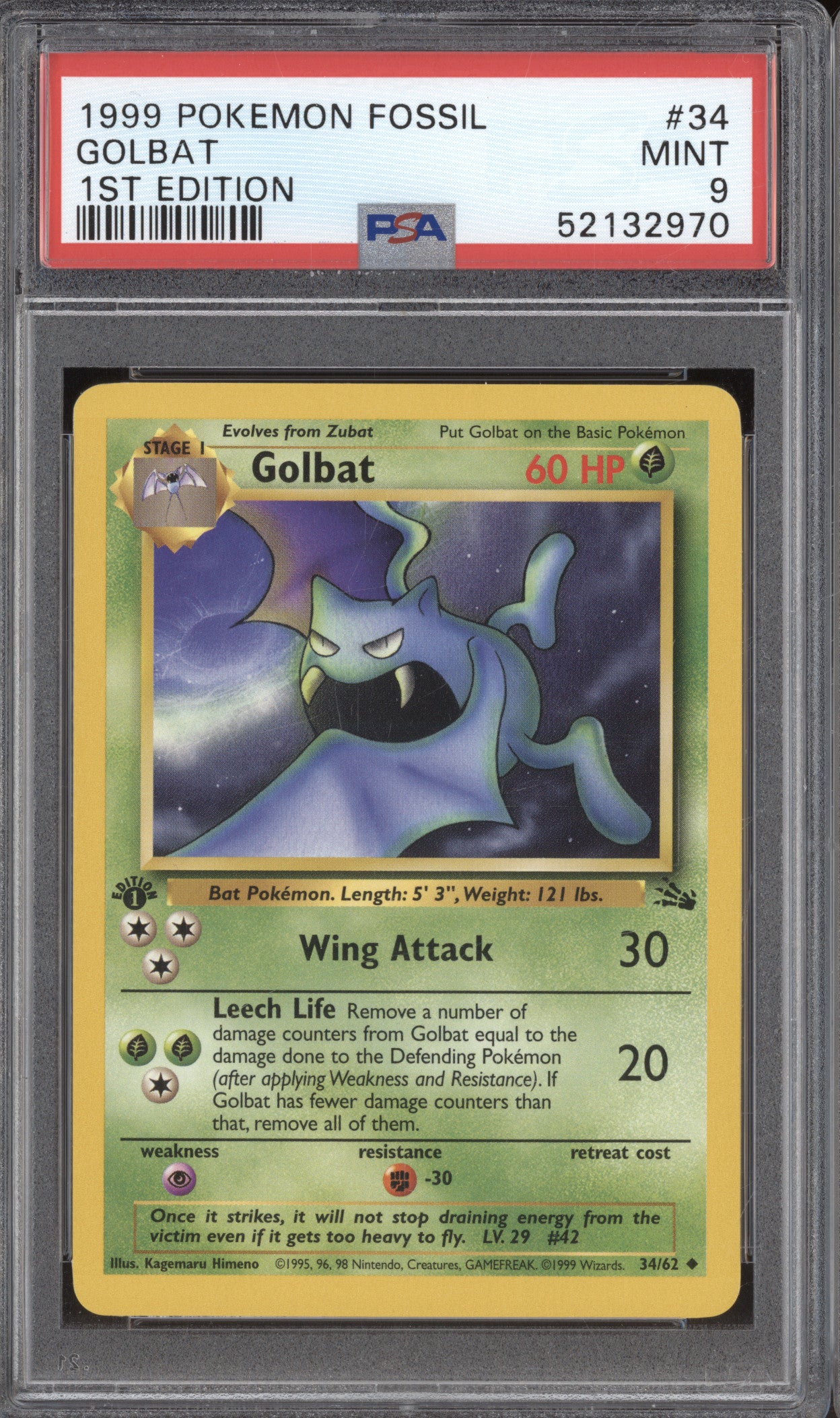 1999 Pokemon Fossil 34 Golbat 1st Edition PSA 9