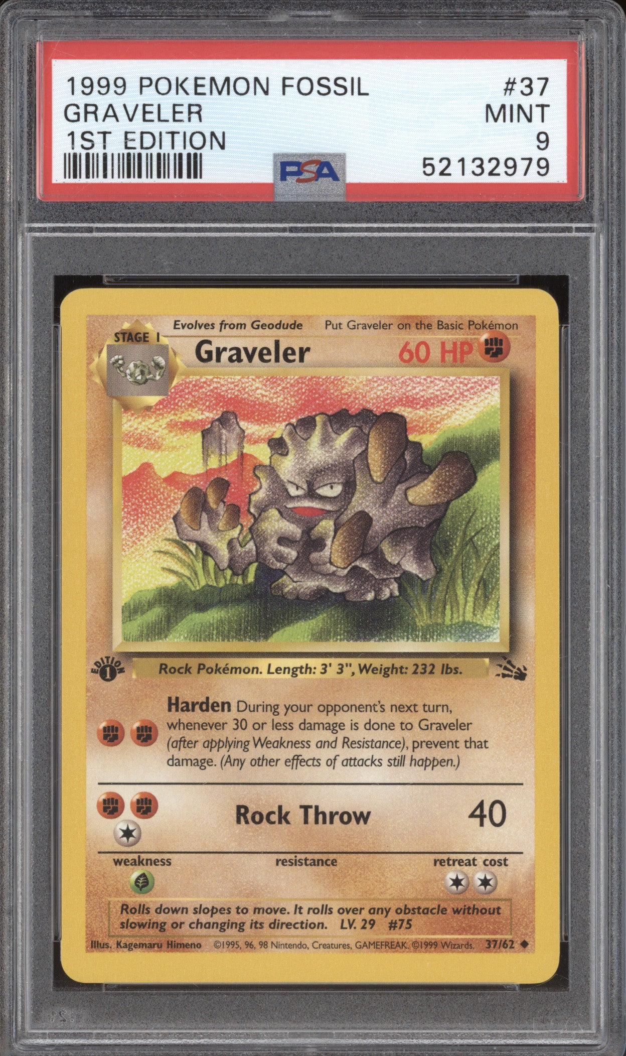 1999 Pokemon Fossil 37 Graveler 1st Edition PSA 9
