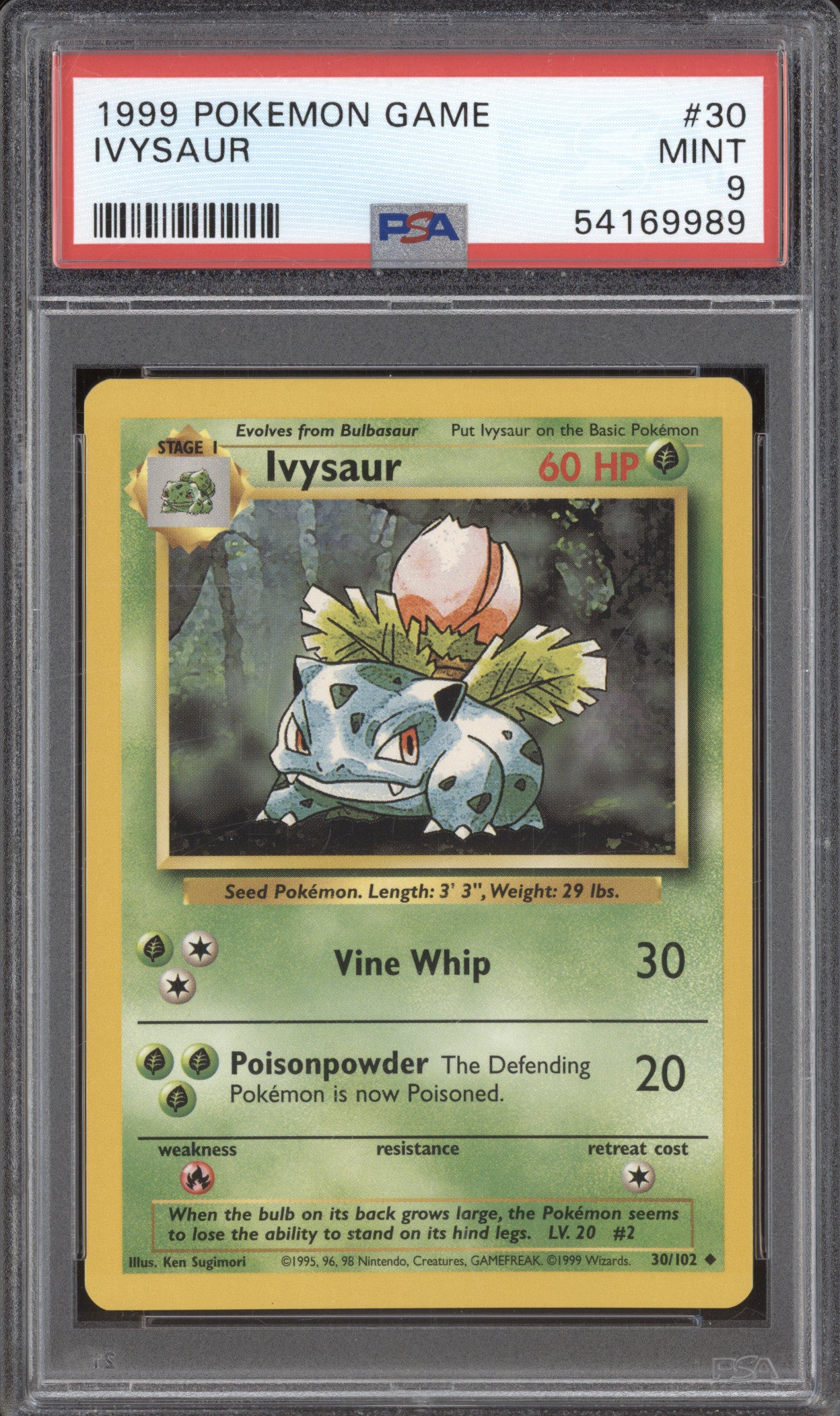 1999 Pokemon Wizards of the Coast Base Set 30 Ivysaur Unlimited PSA 9