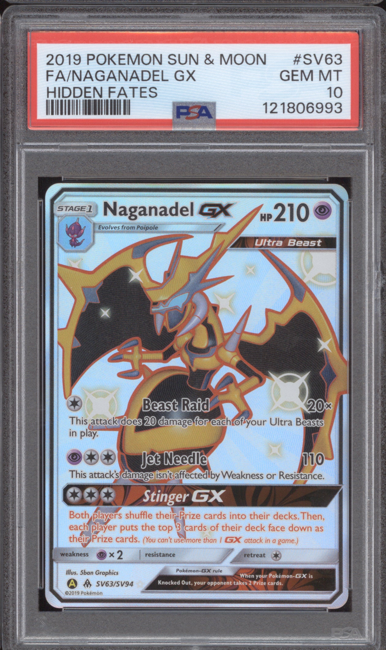 Naganadel GX 2019 Pokemon Hidden Fates SV63/SV94 Full Art PSA 10