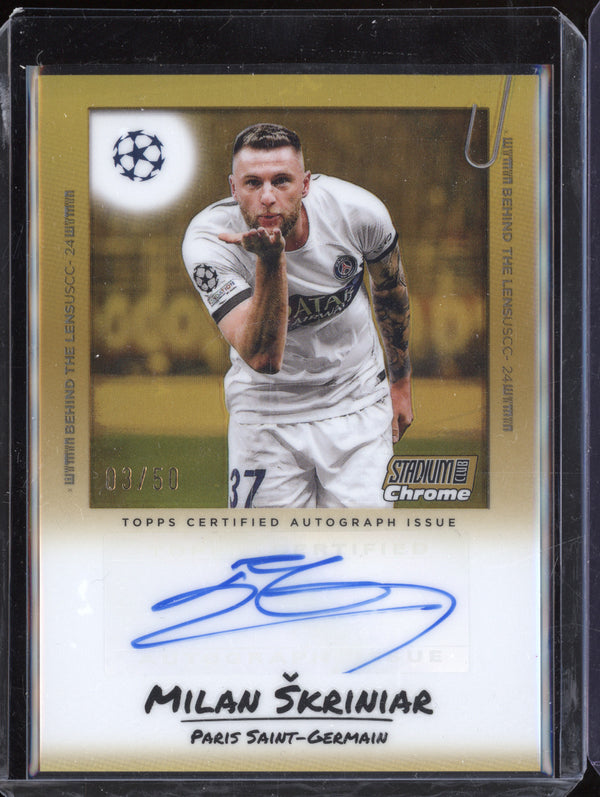 Milan Skriniar 2023-24 Topps Stadium Club Chrome Behind the Lens Auto Gold 3/50