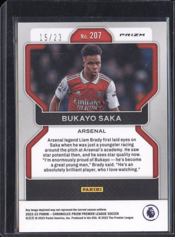 Bukayo Saka 2022-23 Panini Prizm 207 Orange Ice 15/23