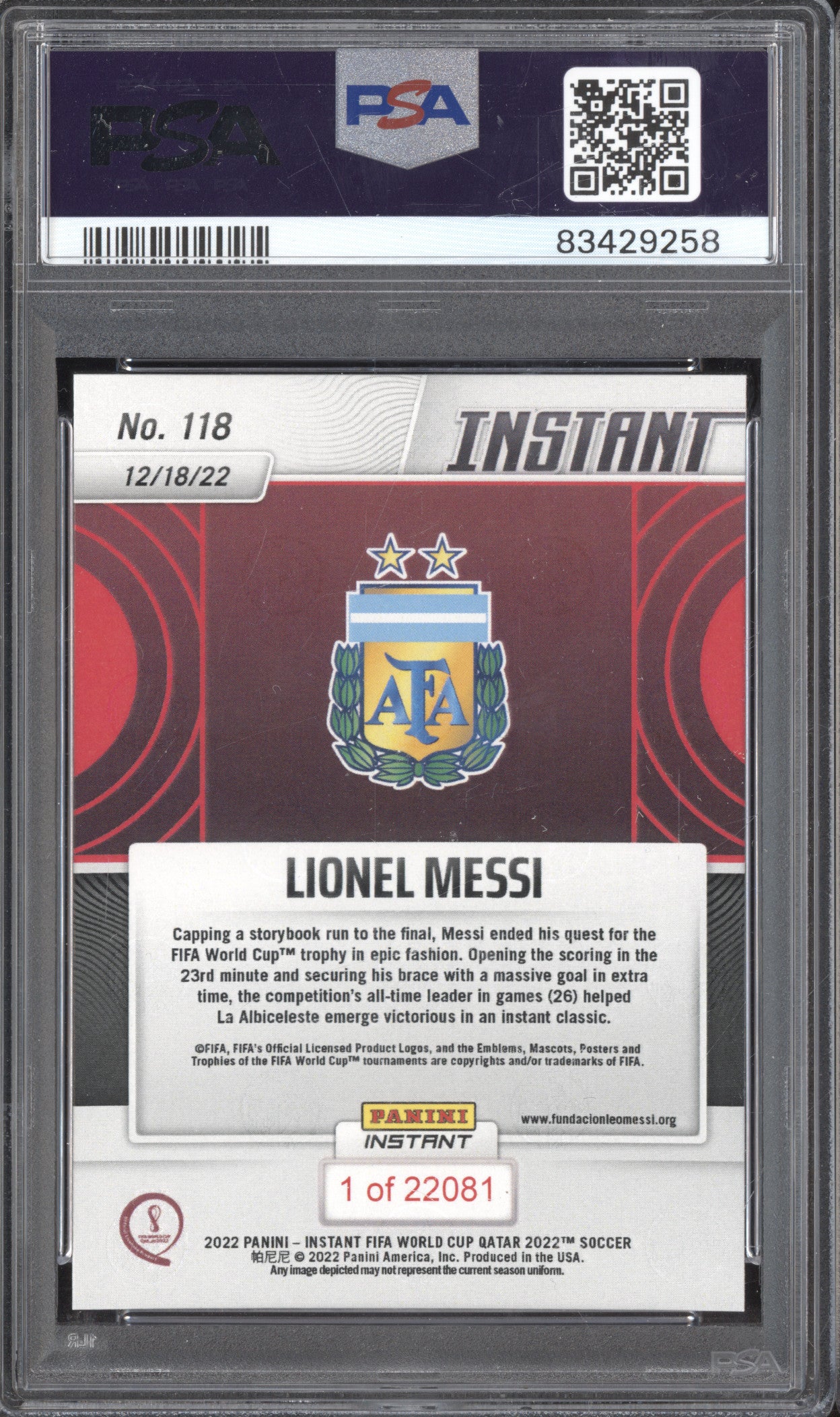Lionel Messi 2022 Panini Instant 118 FIFA World Cup Qatar 1/22081 PSA 10