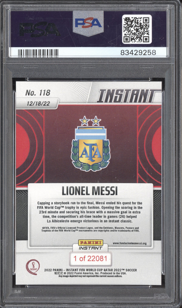 Lionel Messi 2022 Panini Instant 118 FIFA World Cup Qatar 1/22081 PSA 10