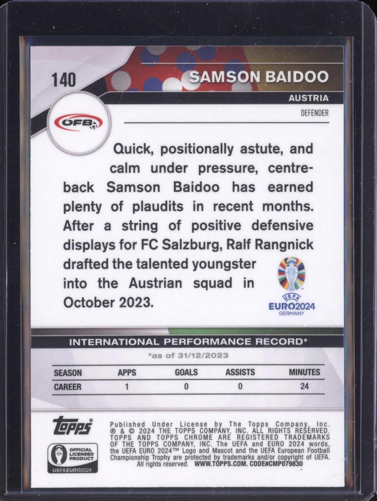 Samson Baidoo 2024 Topps Chrome UEFA Euro 140 Gold Refractor RC 40/50