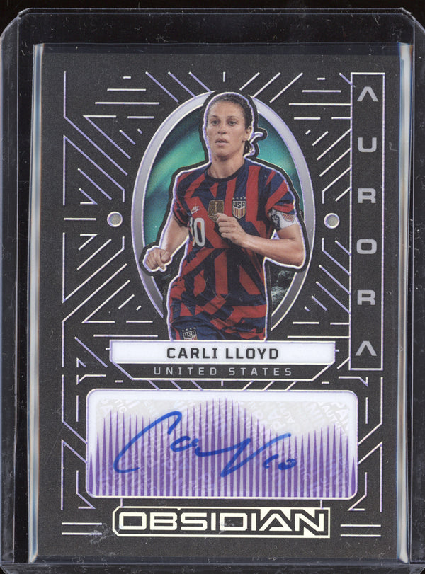 Carli Lloyd 2022-23 Panini Obsidian AA-CL Aurora Autographs Purple 3/20