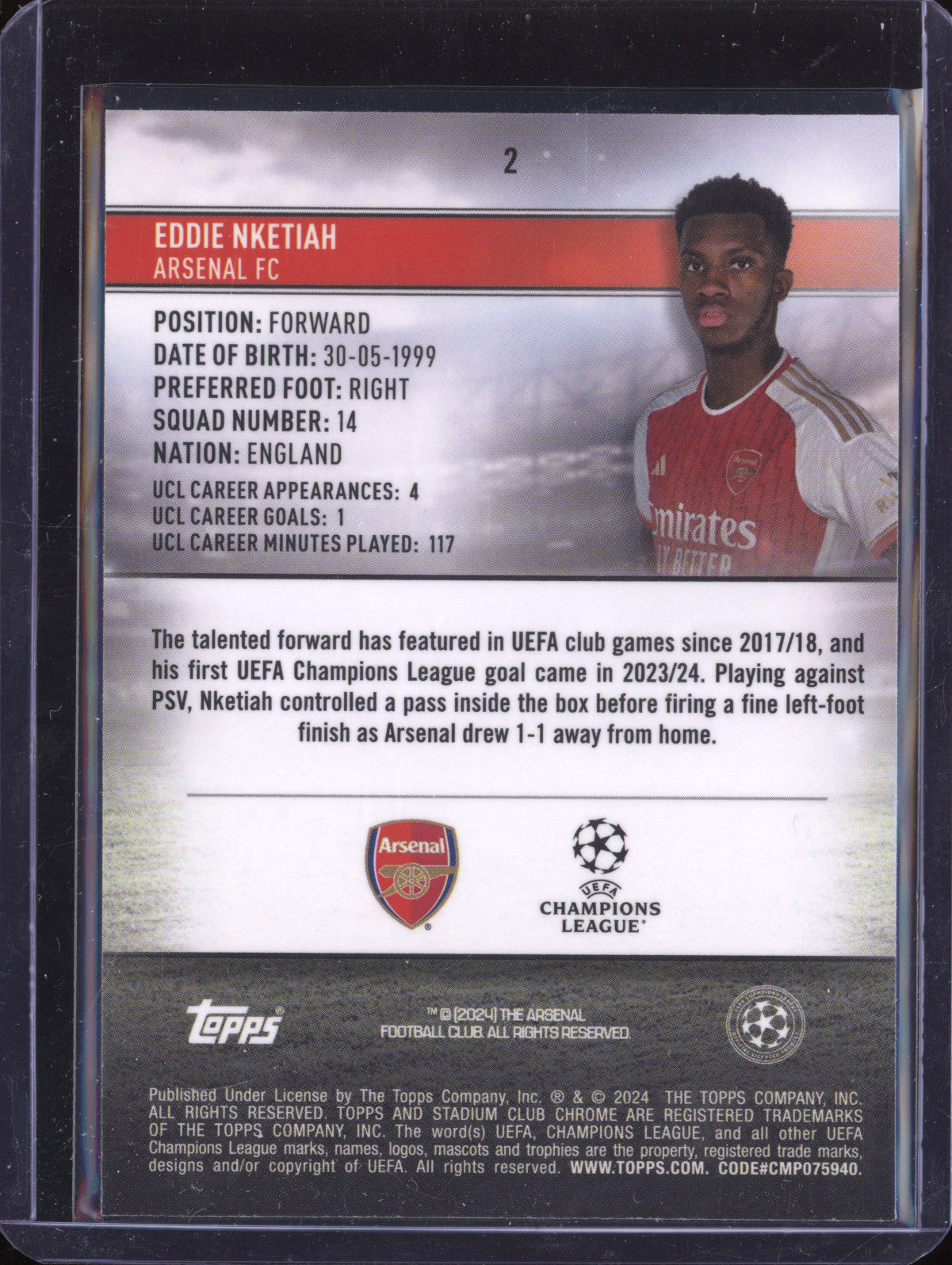 Eddie Nketiah 2023-24 Topps Stadium Club Chrome 2 Green/Yellow Charge 9/125