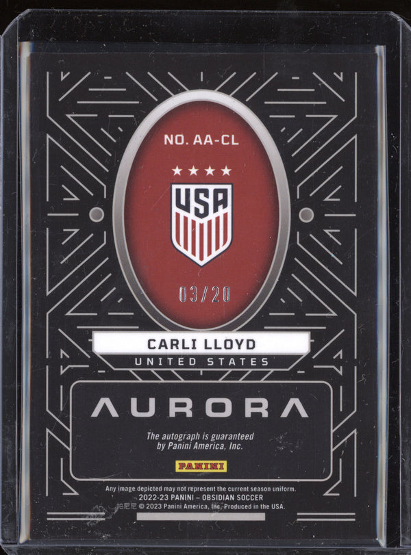 Carli Lloyd 2022-23 Panini Obsidian AA-CL Aurora Autographs Purple 3/20