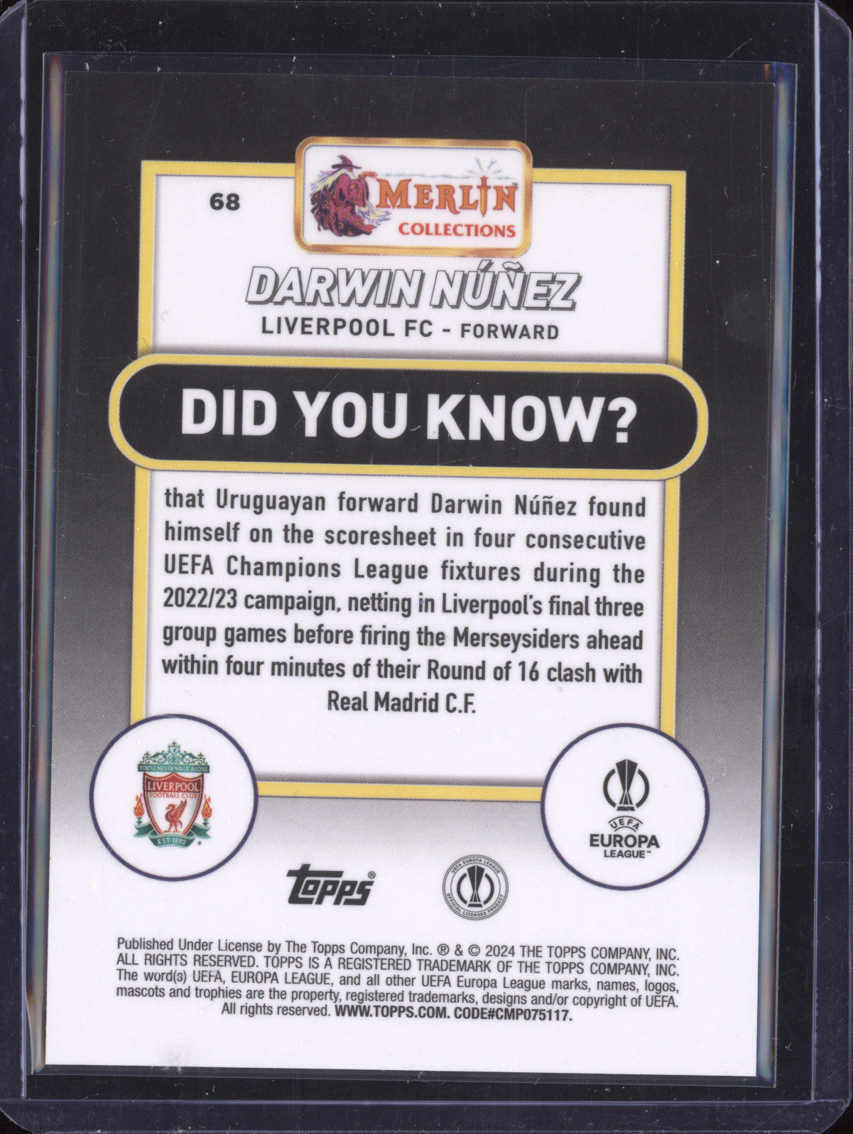 Darwin Nunez 2023-24 Topps Merlin UCC 68 Gold Refractor 2/50